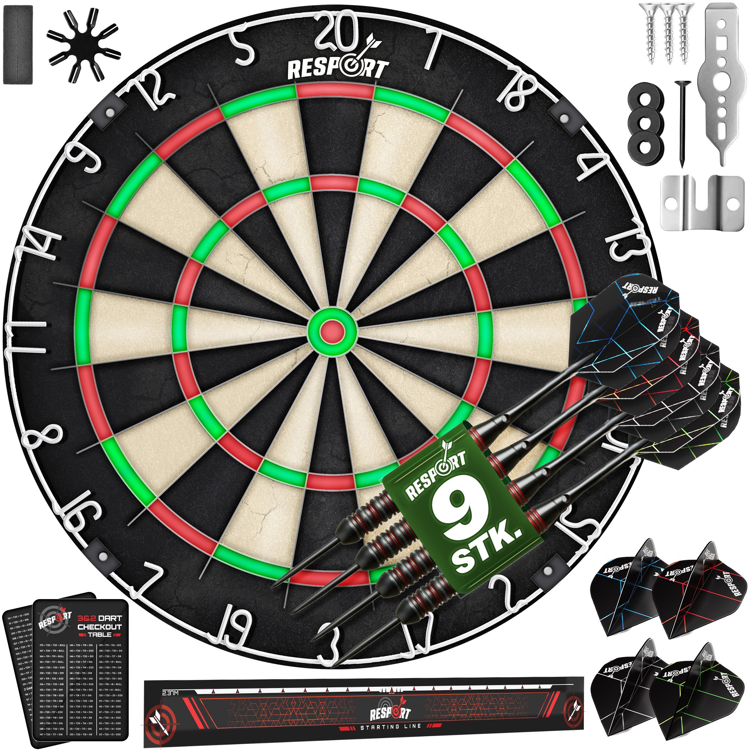 RE:SPORT Dartscheibe RE:SPORT® Steel Dartscheibe mit 9 darts 24 flights, (inkl. Montageset Steeldartscheibe mit Pfeilen, Steeldart aus hochwertigstem Sisal Dartboard), XXL Set mit 9 Profi Dartpfeile + 24 Pro Flights