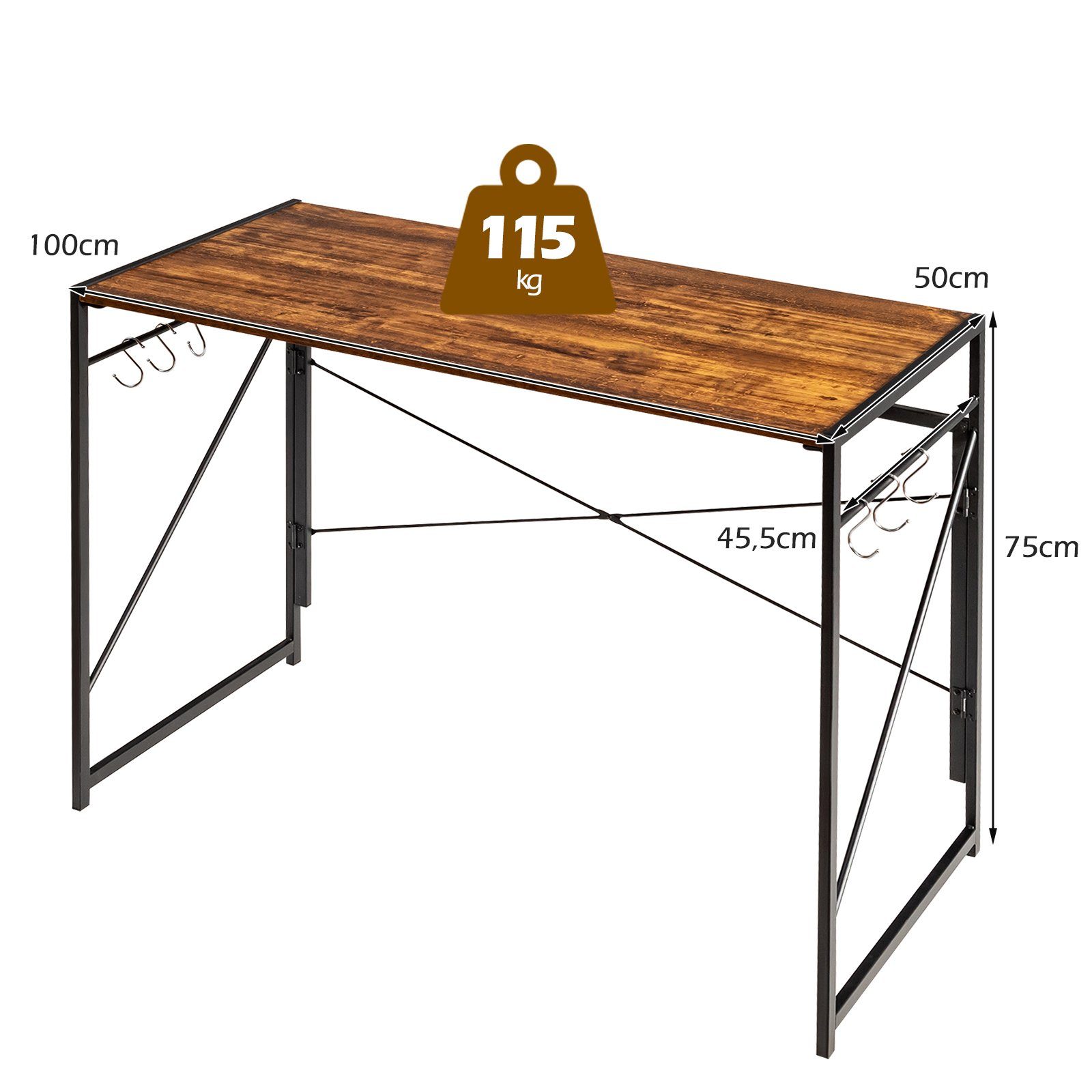COSTWAY Schreibtisch, klappbar, & Metallrahmen, 6 100x50x75cm Haken mit RustikalesBraun