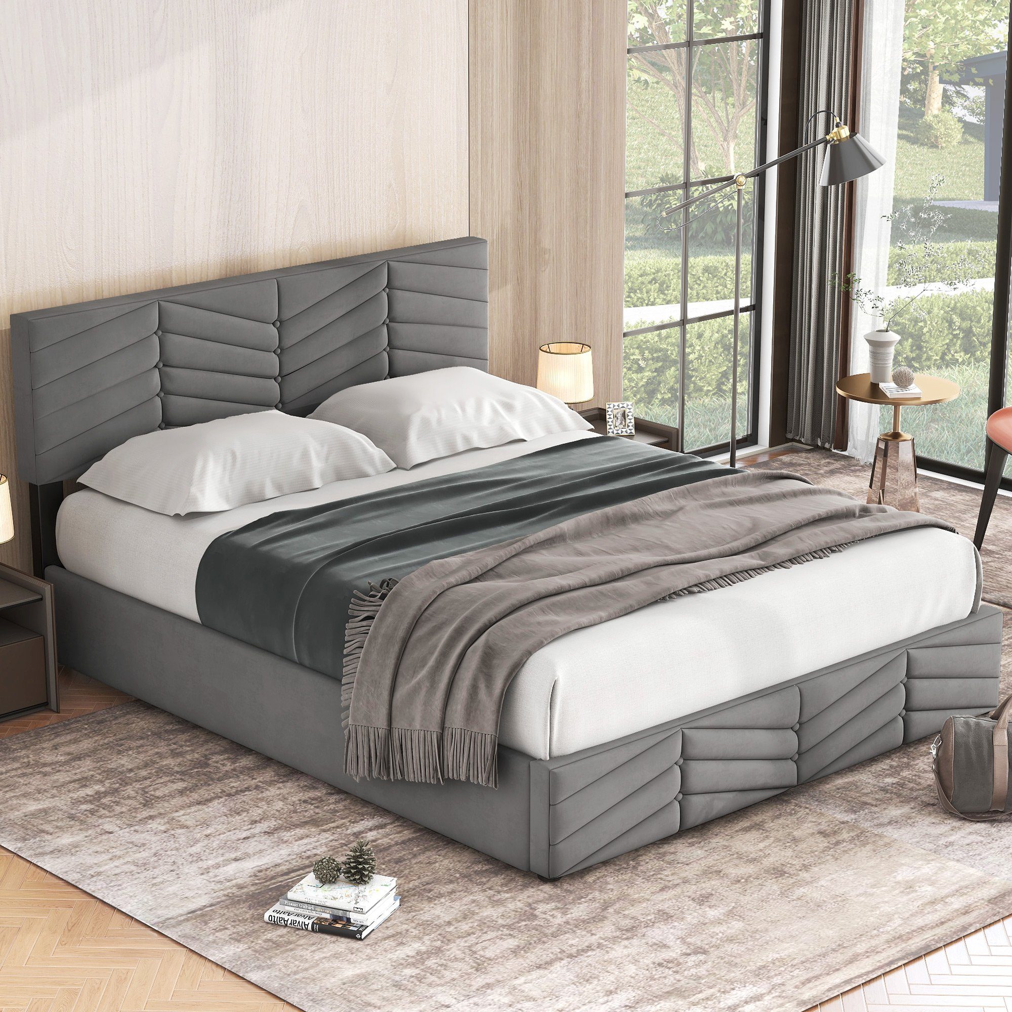 SOFTWEARY Polsterbett Doppelbett Bettkasten Lattenrost höhenverstellbar, mit Kopfteil (140x200 cm), und Samt grau