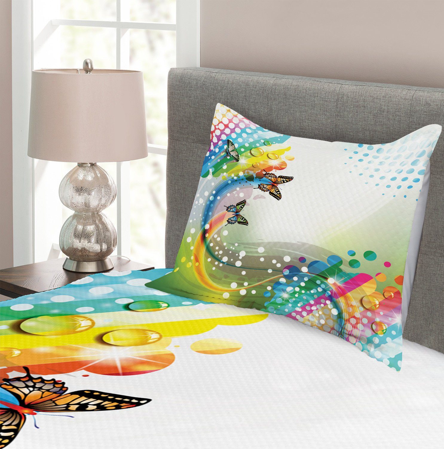 Abakuhaus, Flying Tagesdecke trippy Schmetterling Colors mit Kissenbezügen Set Waschbar,