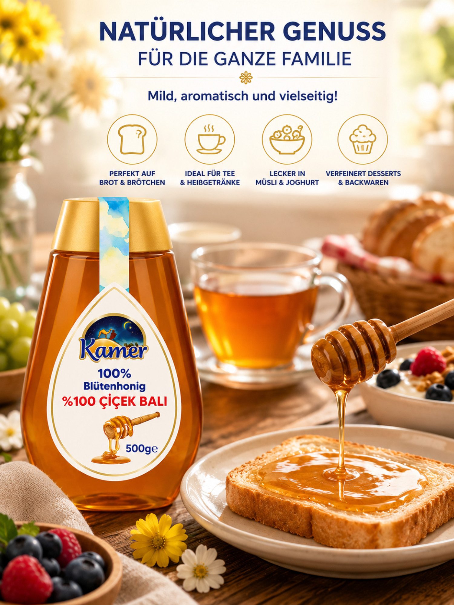 SERA FOOD Honig 100% Naturreiner Blütenhonig, 100% Naturrein Ohne Konservierungsstoffe Ohne künstliche Farbstoffe