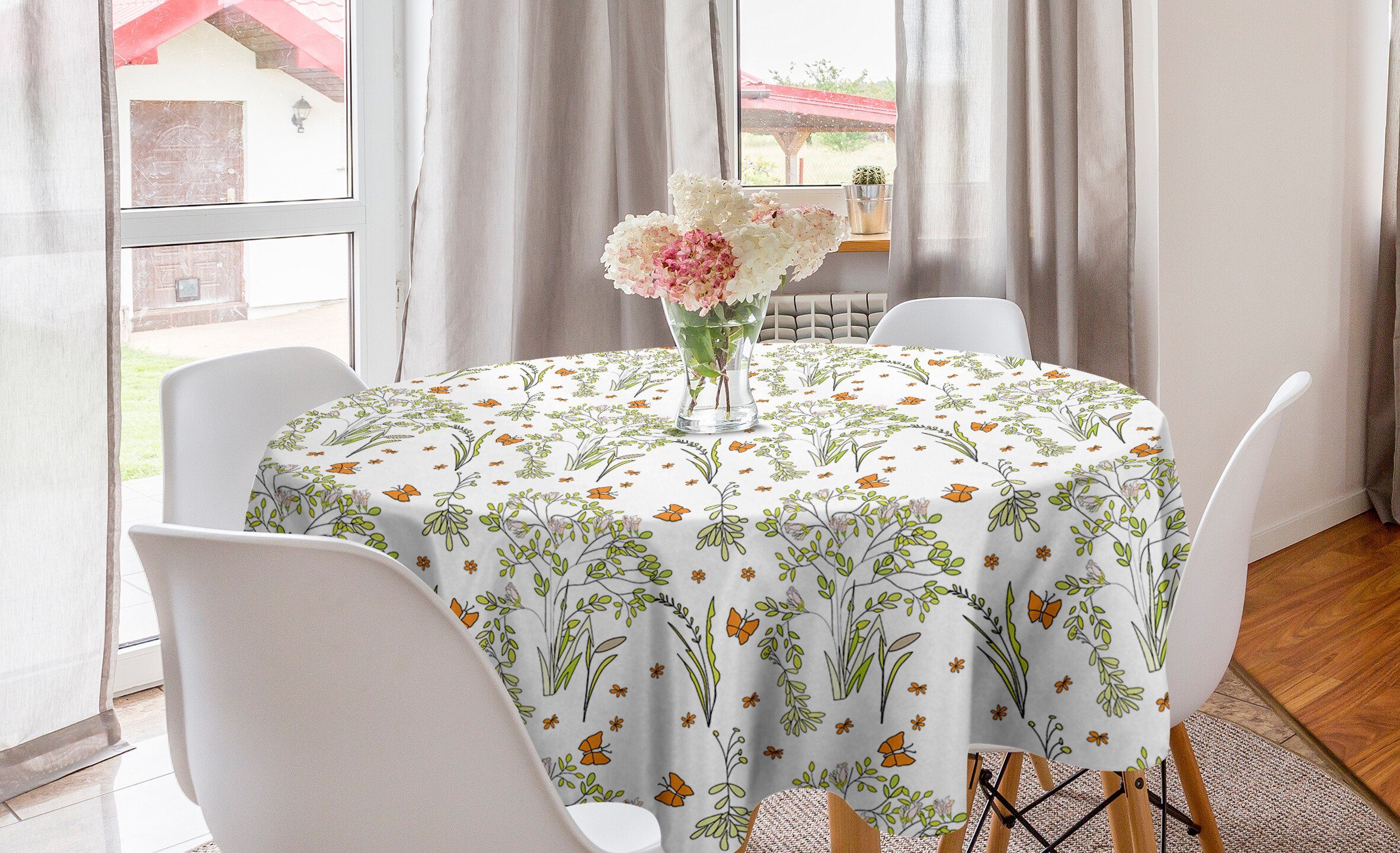Abakuhaus Tischdecke Kreis Tischdecke Abdeckung für Esszimmer Küche Dekoration, Frühling Schmetterlinge und Pflanzen Kunst