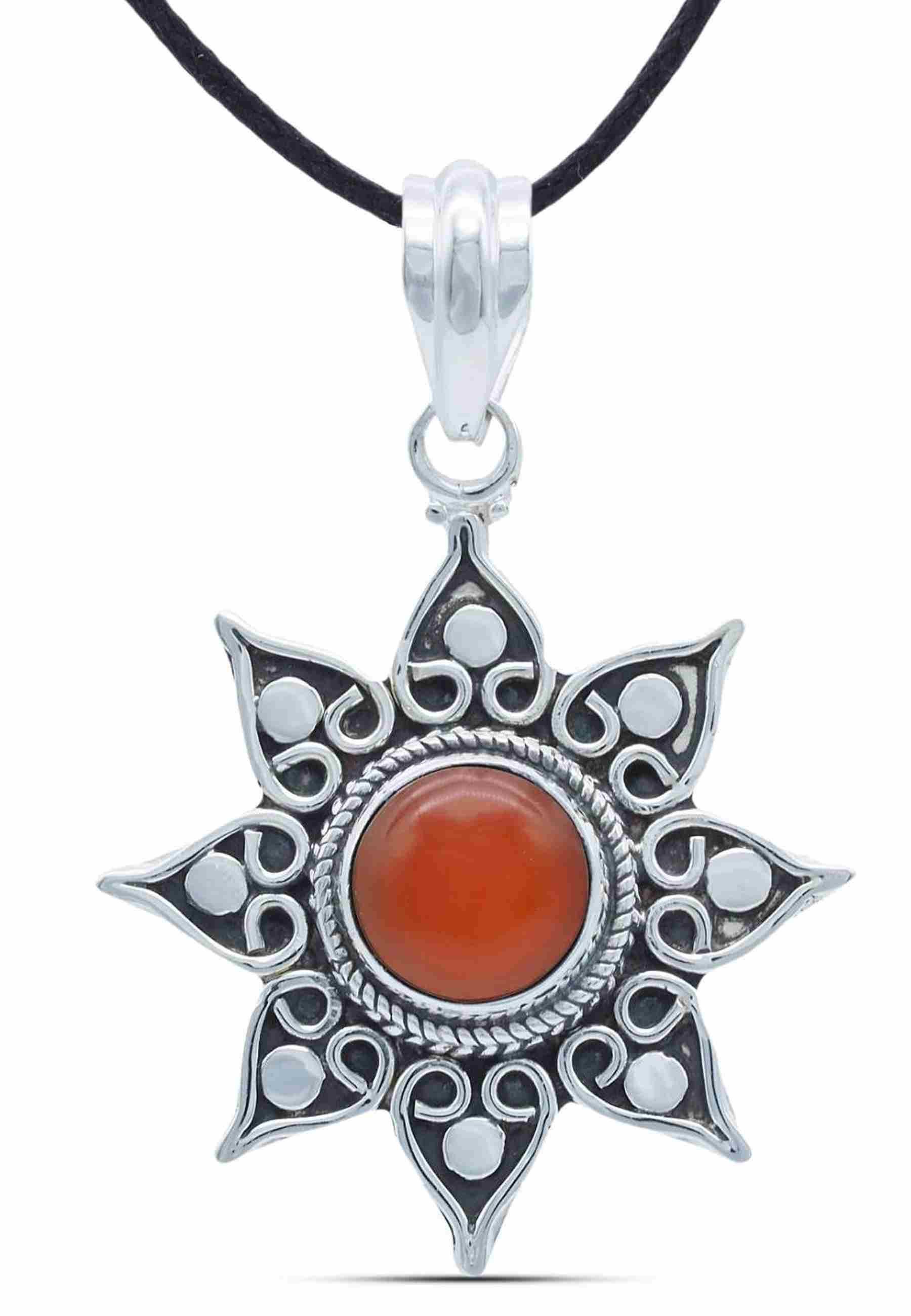 mantraroma Kettenanhänger SUNA aus 925 Silber mit Karneol (Kettenanhänger am Baumwollband im Schmuckbeutel), 925 Sterling Silber Kettenanhänger für Damen