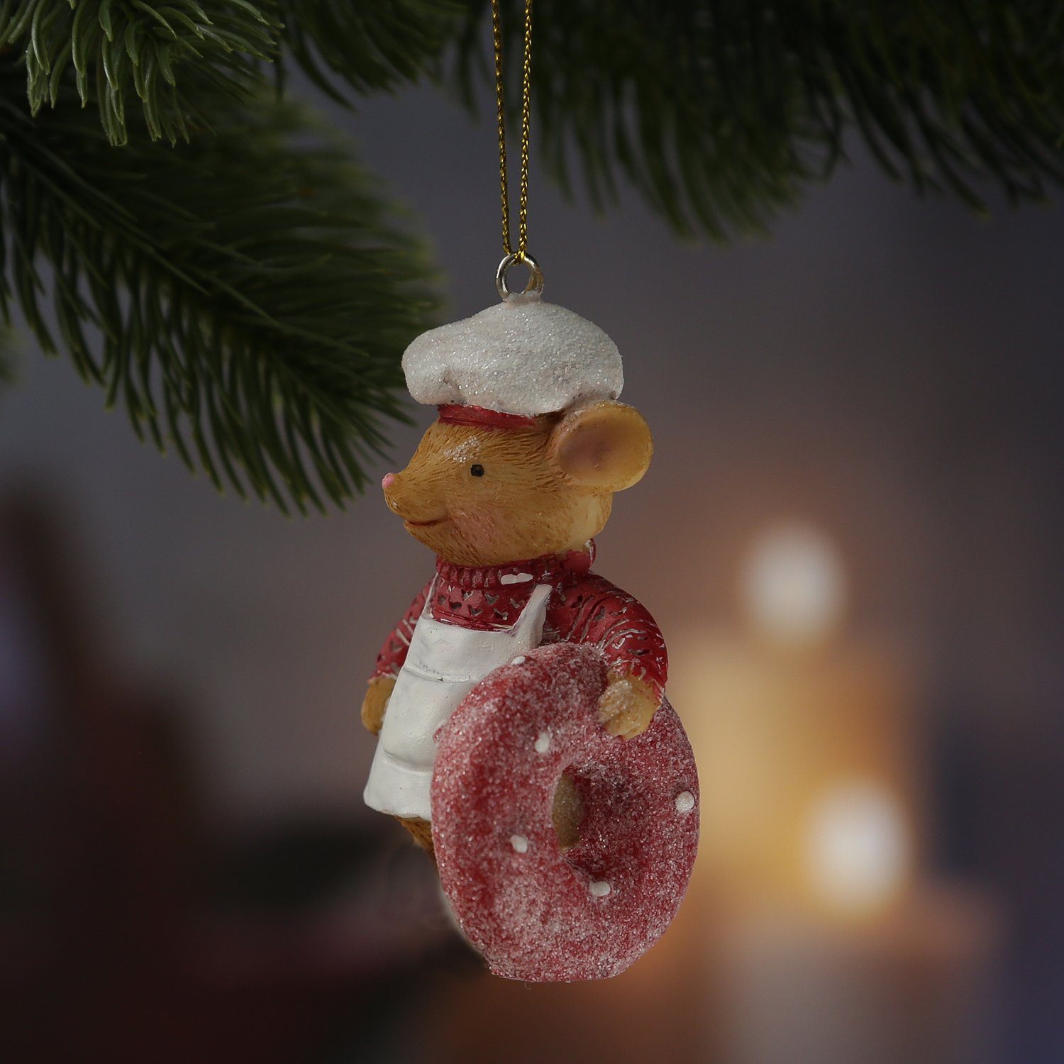 MARELIDA Christbaumschmuck Weihnachtsbaumschmuck Maus H: 8,5cm mit Donut Polyresin Bäckerei