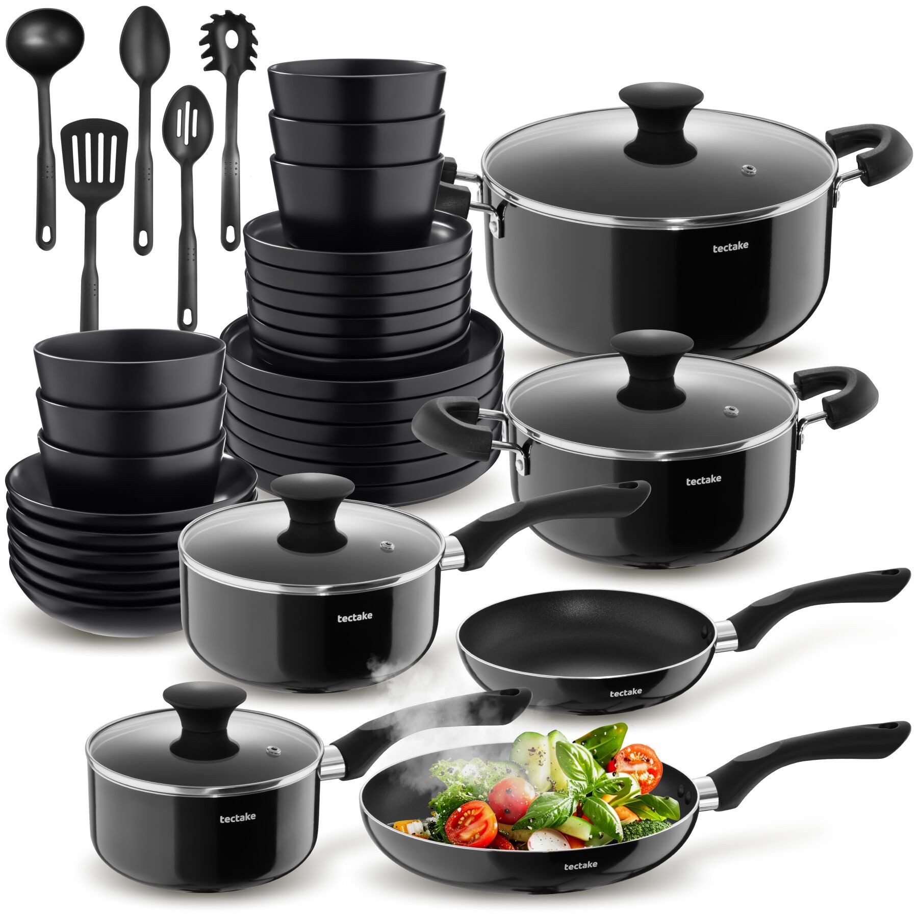 tectake Kochbesteck-Set Küchenstarterset aus Steingut, Inkl. 5 Küchenwerkzeugen (Una/Varese - für Induktionsherde geeignet, 39-tlg., in schwarz), rostfreies Aluminium, hitzebeständig und kratzfest, leichte Reinigung