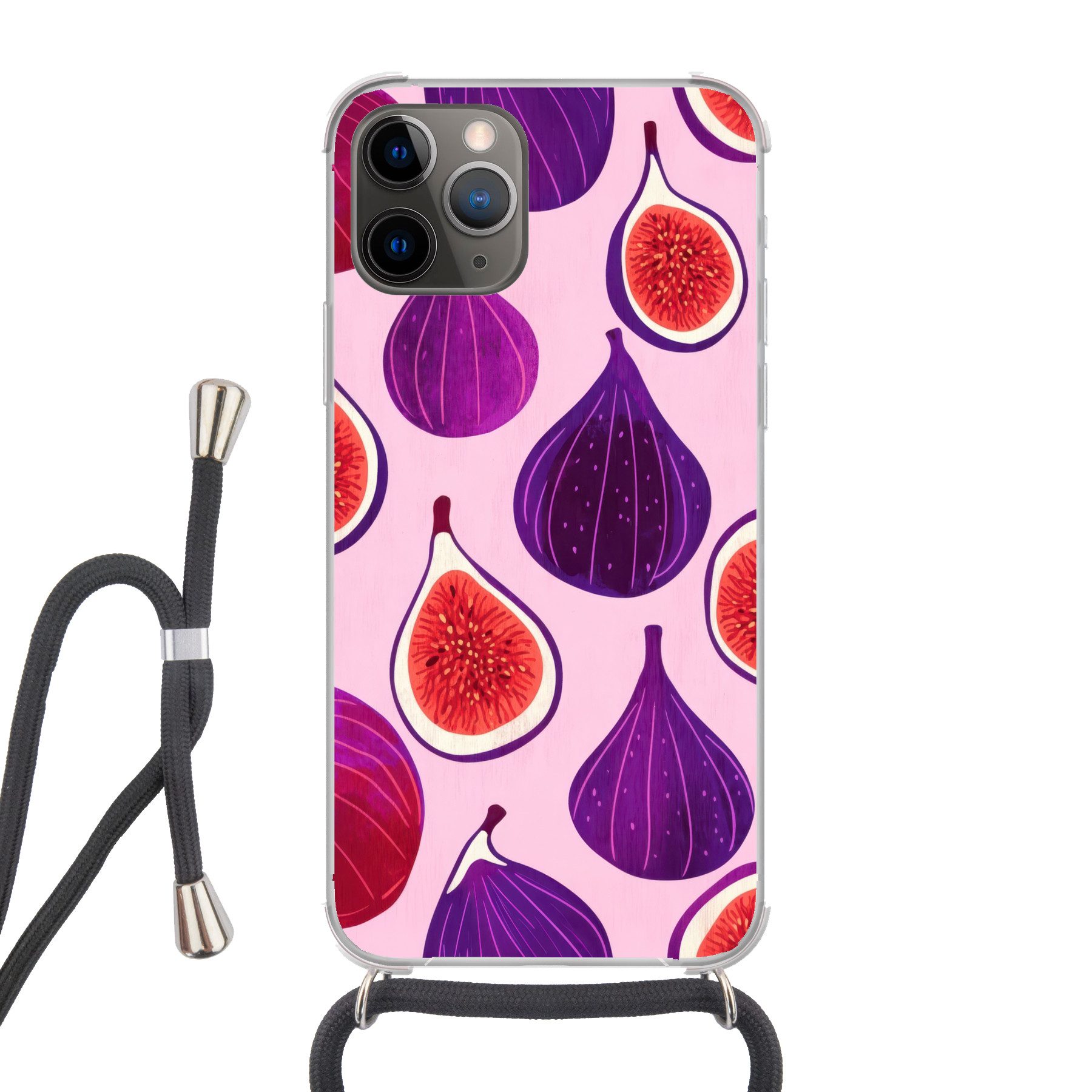 MuchoWow Handyhülle für Apple iPhone 13 Pro Max Feigen - Rosa - Lila, Tragbare Handyhüllen mit Kette zum umhängen, Handykette Handyband