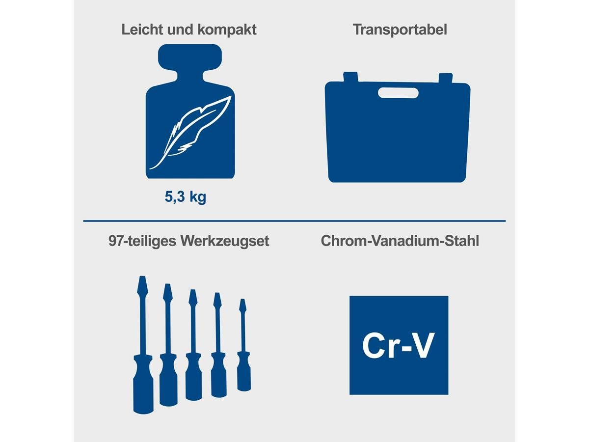 Scheppach Werkzeugset WZK120, (Set, 97-tlg., Werkzeuge mit gummiertem Griff), im stabilem Kunststoffkoffer