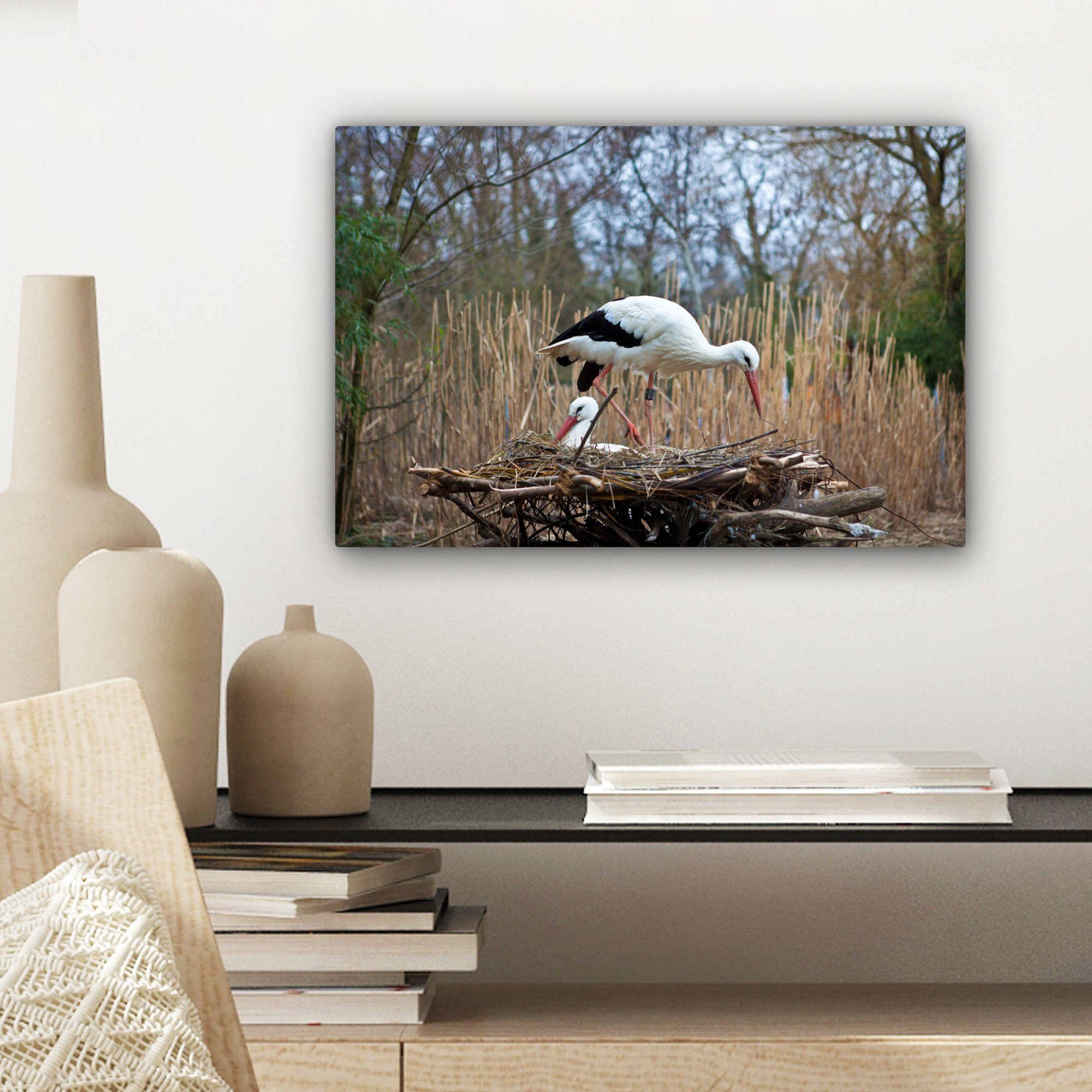 OneMillionCanvasses® Leinwandbild Wunderschöne Störche St), Wandbild (1 Leinwandbilder, Nest, in 30x20 cm ihrem Aufhängefertig, Wanddeko