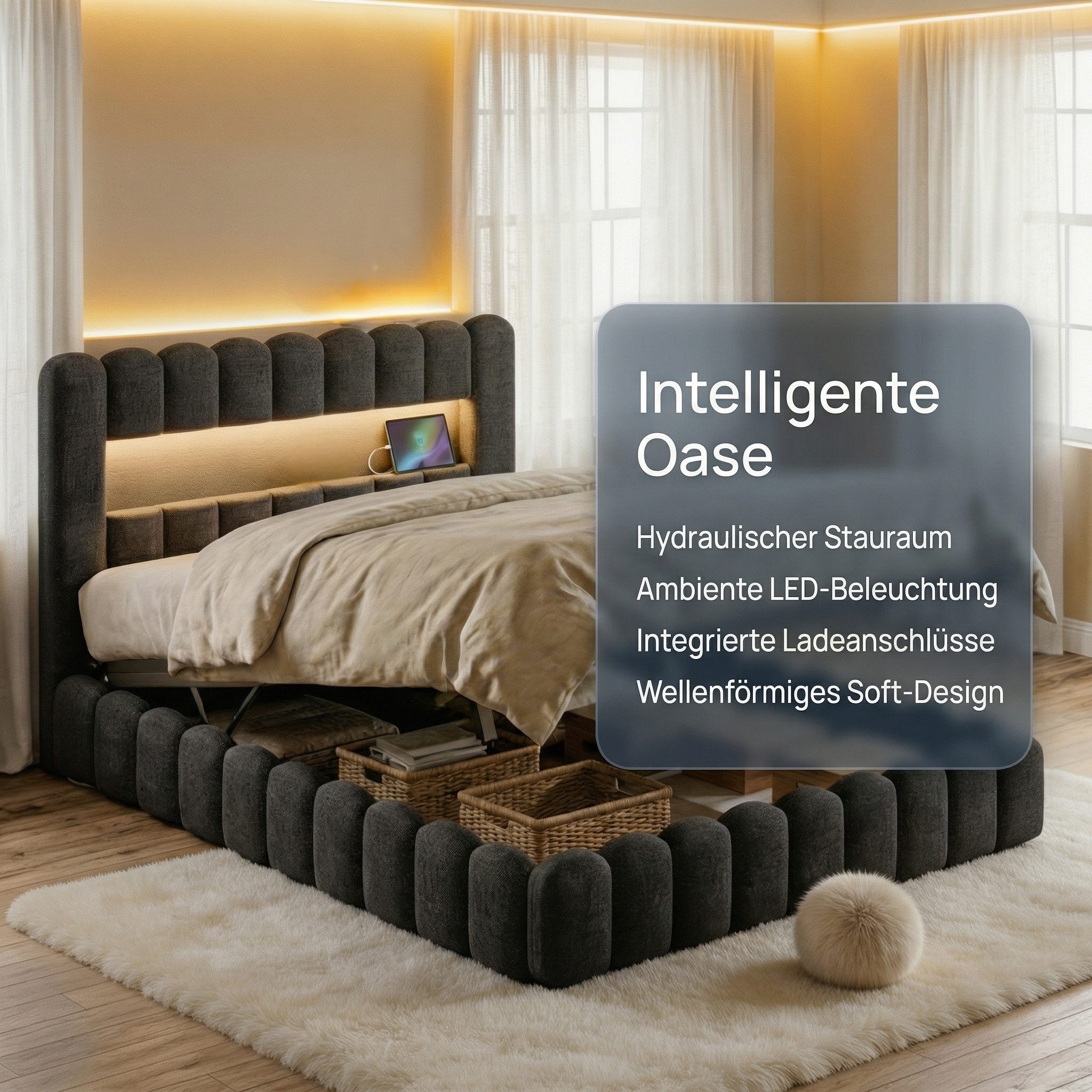 PXloue Polsterbett Doppelbett Jugendbett (ohne Matratze), Stauraumbett, Bettkasten, LED-Beleuchtung, USB-Anschluss, 160x200 cm – Bild 4 von 5
