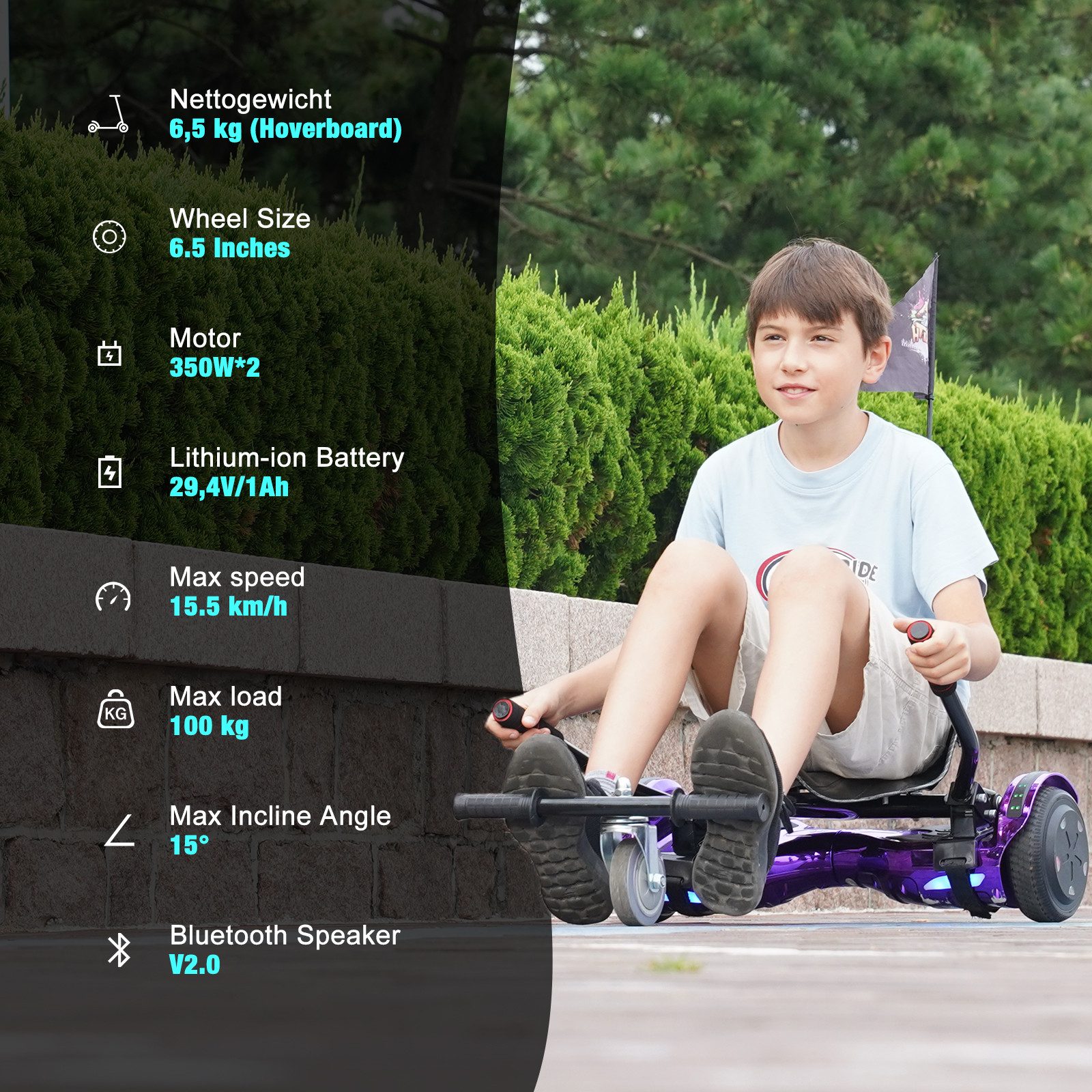 EVERCROSS TECH Balance Scooter 6.5” Hoverboard mit Sitz, Leuchtende Reifen, Bluetooth-Musik, LED-Lichter, bis zu 10-15 km, Geschenke für Kinder