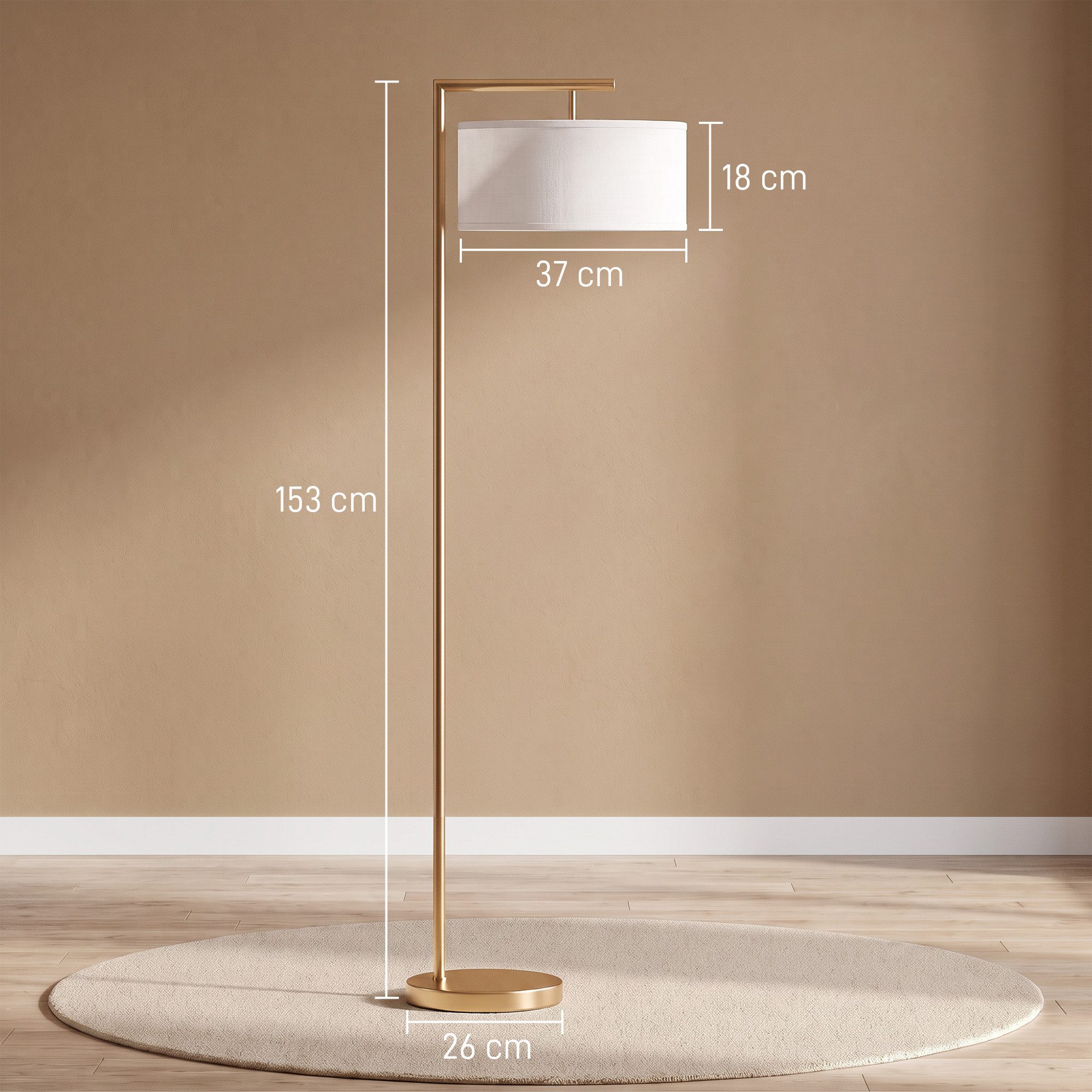 HOMCOM Stehlampe Stehleuchte Standlampe mit Lampenschirm aus Stoff mit E27 Fassung, Ein-,Ausschalter, ohne Leuchtmittel, Metall Stahl Leinen Gold+Weiß 47 x 37 x – Bild 3 von 5