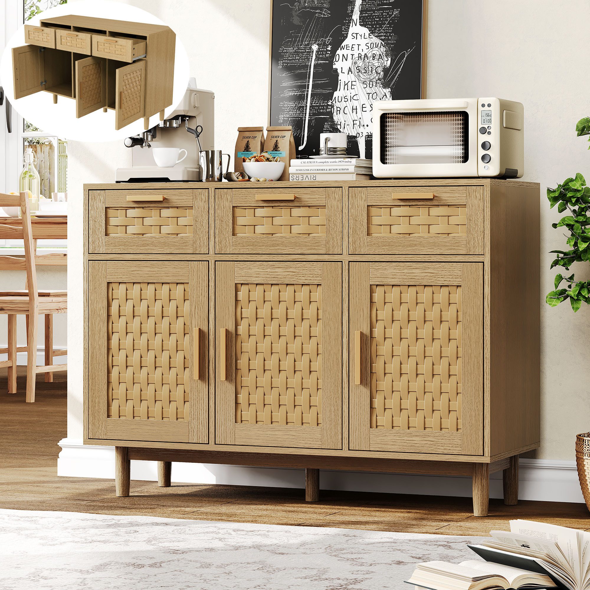 PXloue Sideboard Rattankommode, Kommode mit Schiebetüren, Schlafzimmerschrank mit viel Stauraum, 110 ×80 ×40 cm