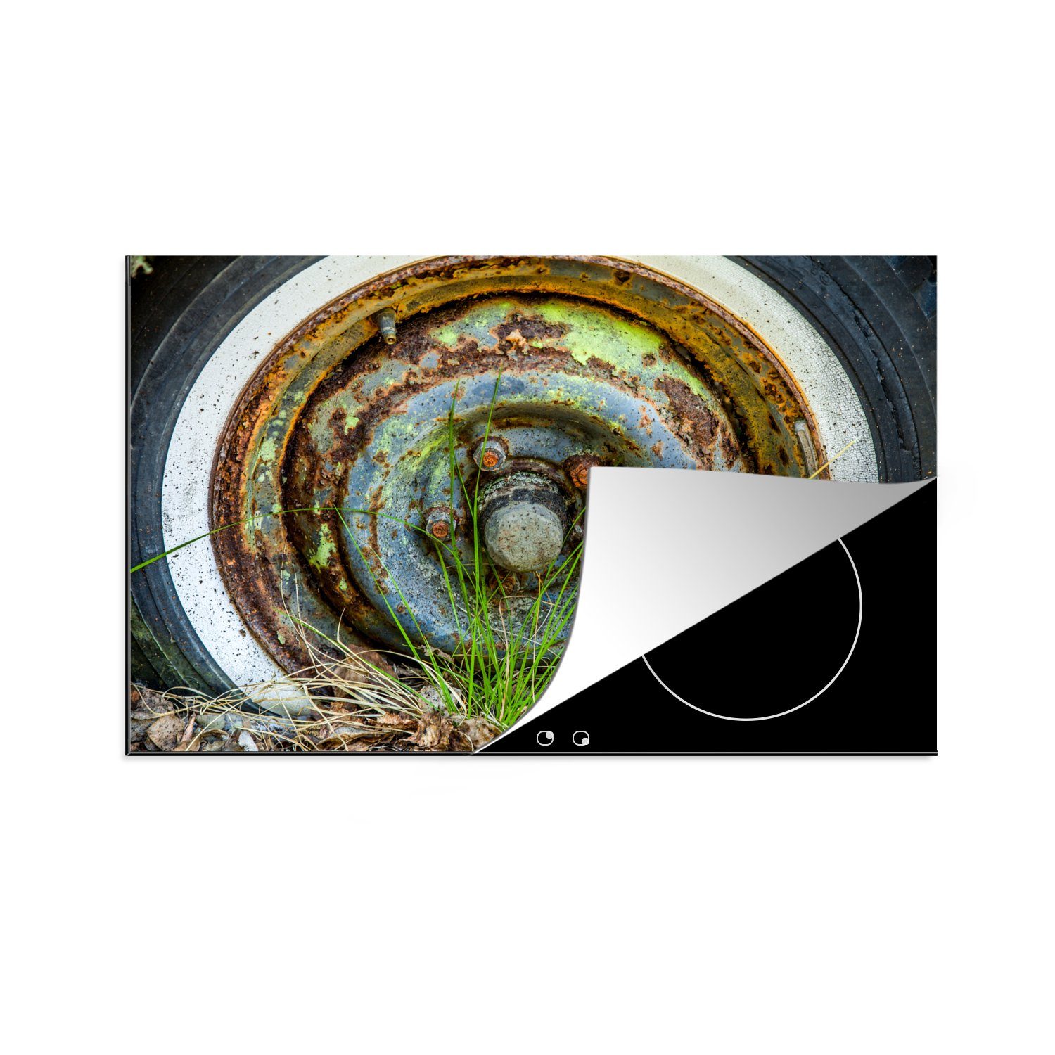 MuchoWow Herdblende-/Abdeckplatte Reifen eines alten Autos, Vinyl, (1 tlg), 81x52 cm, Induktionskochfeld Schutz für die küche, Ceranfeldabdeckung