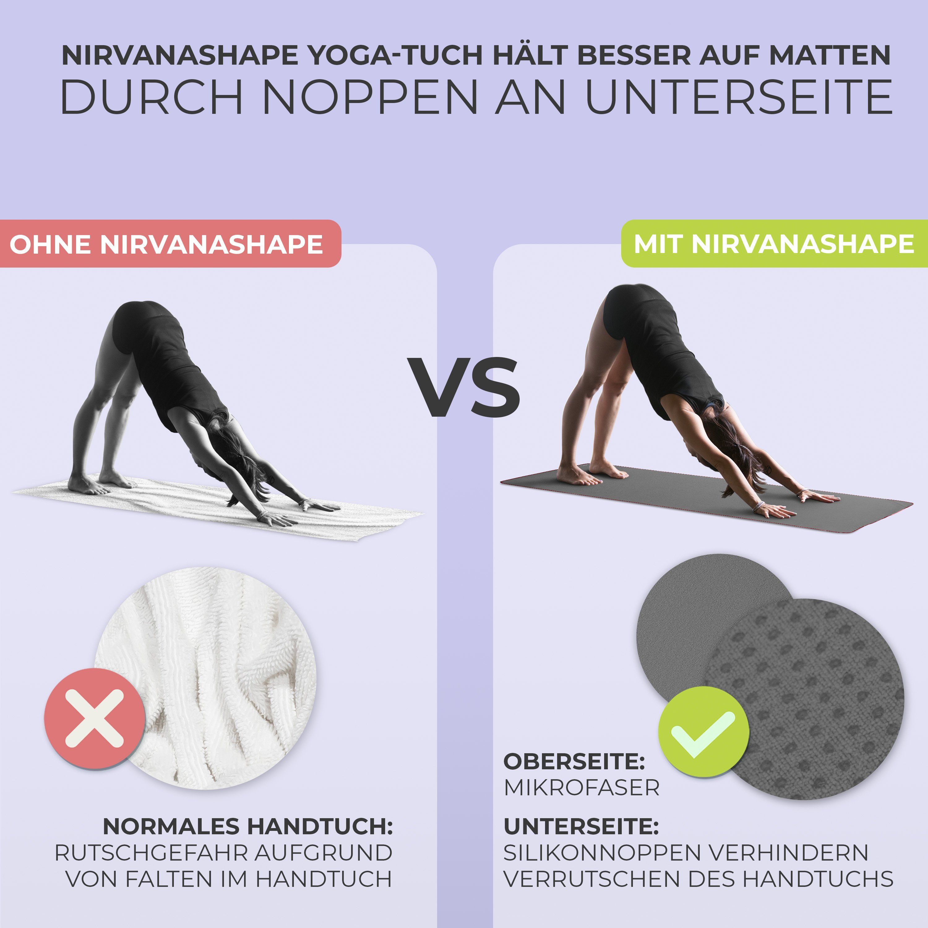 NirvanaShape Sporthandtuch Yoga Handtuch mit Antirutsch-Noppen, Yogatuch-Auflage für Yogamatte, Microfaser, +Yoga Einführungs eBook, Yogatuch-Auflage Saugstark, – Bild 2 von 5