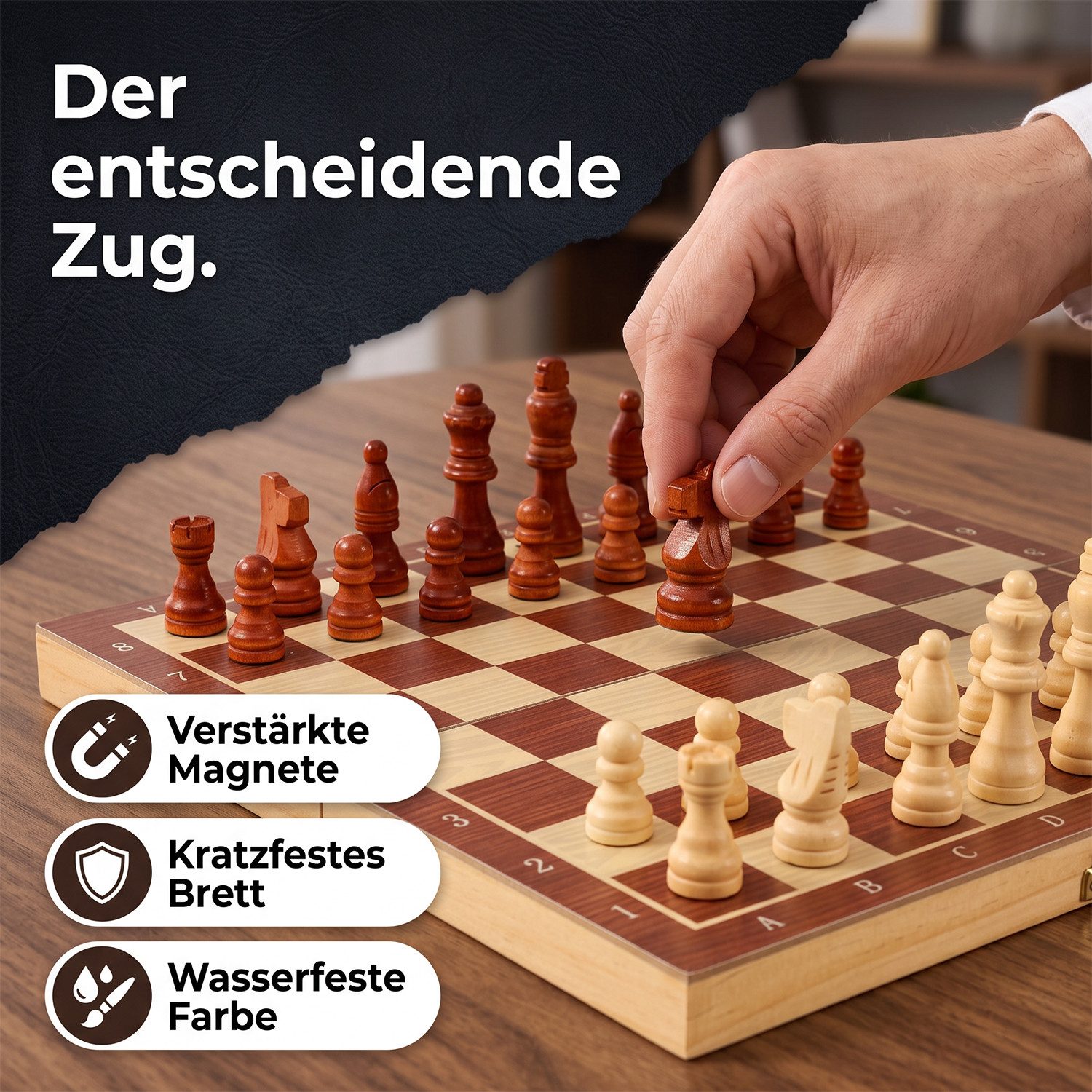 AKKEE Spiel magnetisches Schachspiel aus Holz 29 x 29cm Klappbare Holzkiste, Magnetisches Schachbrett Holz