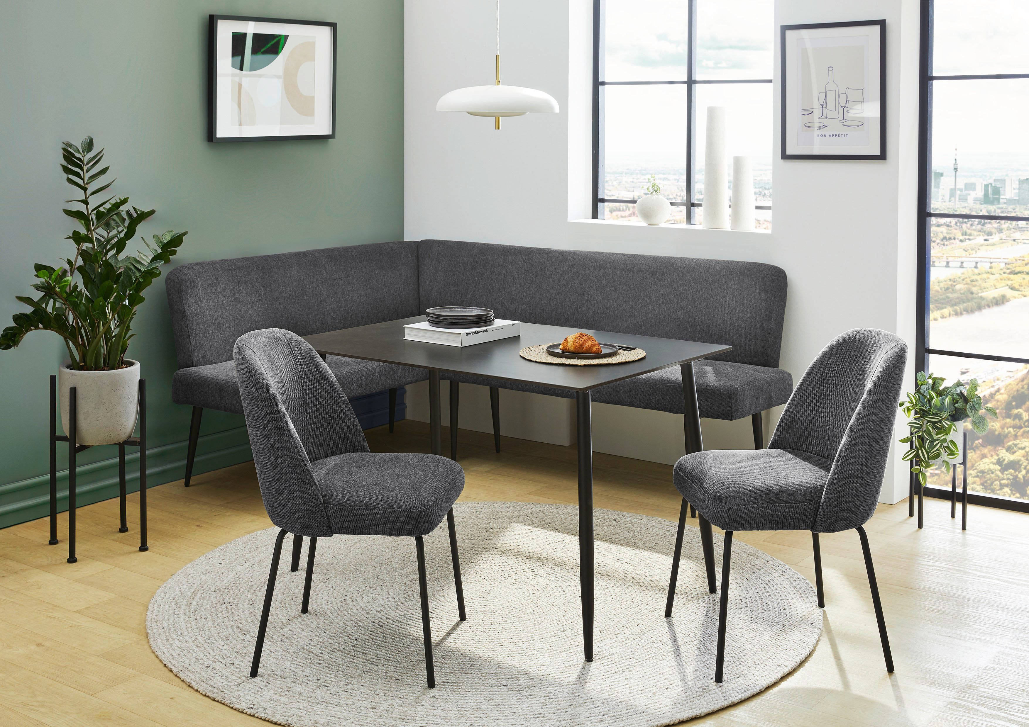 OTTO home Eckbankgruppe Melvin (Set, 4-tlg. Tisch, Bank und 2 Stühle), Taschenfederkern, Tisch (120x75cm) schwarz, Bank und Stühle anthrazit oder beige