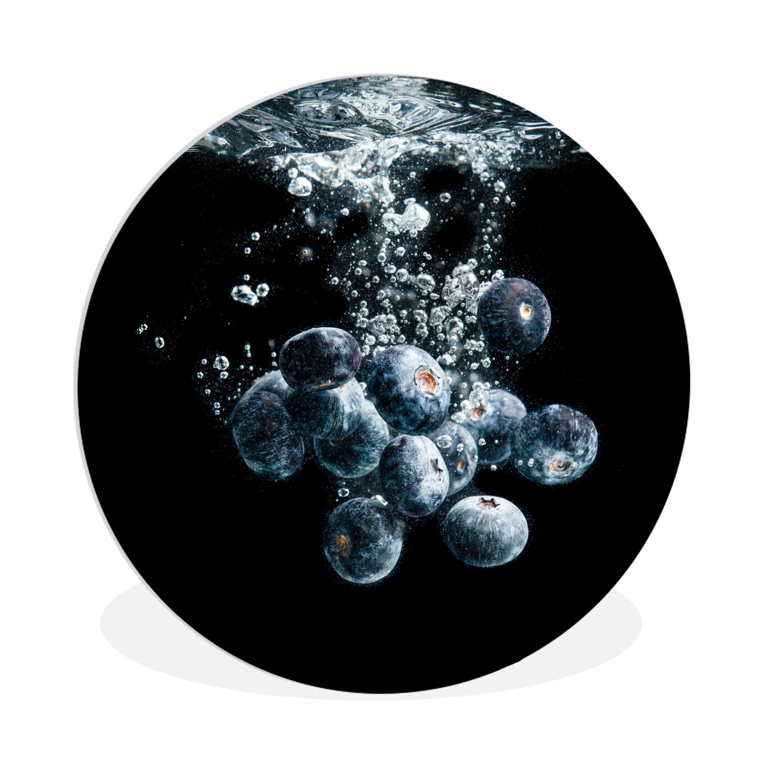 MuchoWow Gemälde Blaubeeren - Obst - Beeren - Stillleben - Wasser - Schwarz, (1 St), Kreis Wanddekoration Forex, Rundes Wandbild, Wohnzimmer, 30x30 cm