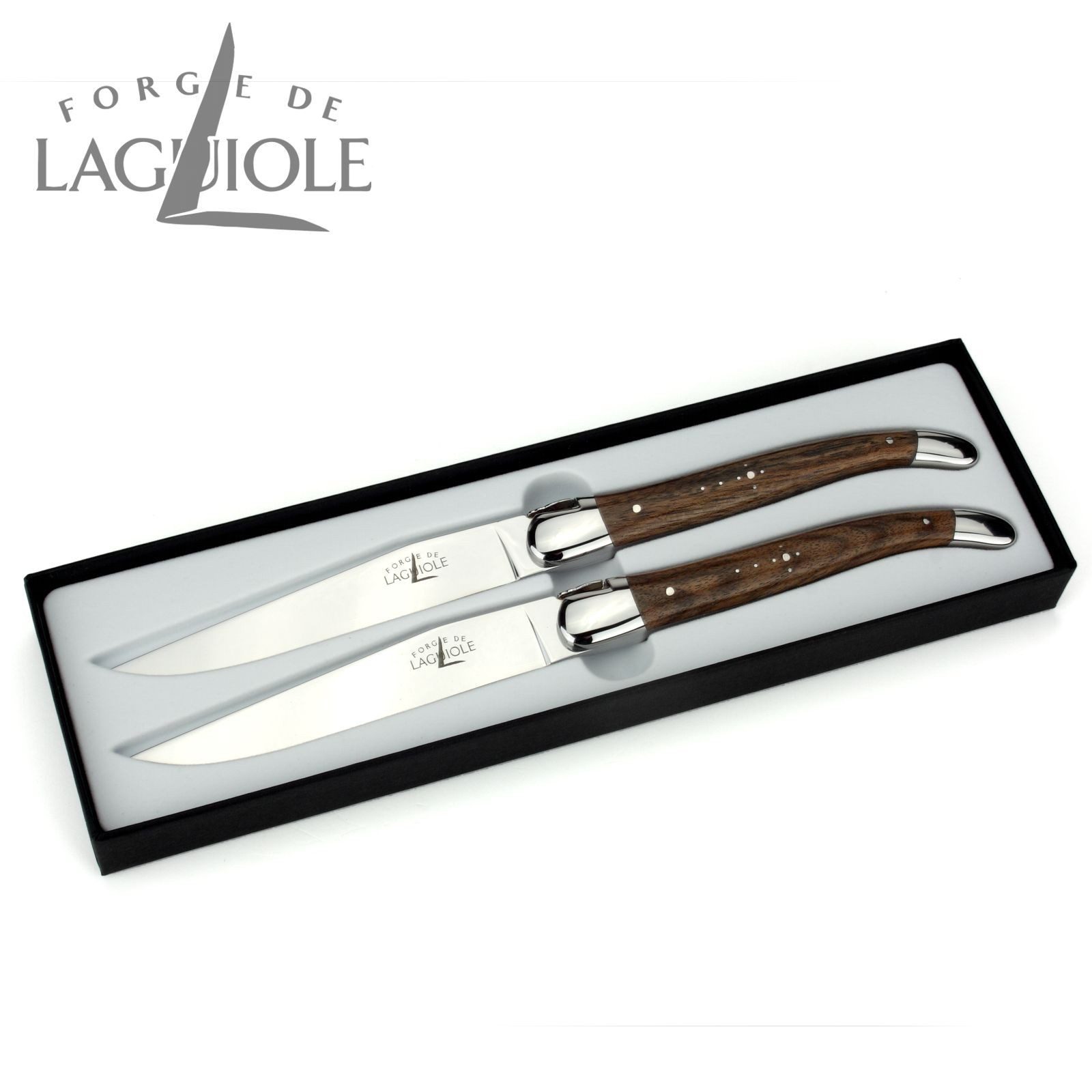 Forge de Laguiole Steakmesser T2 2M IN NO BRI 2er Set - Griff Nussbaum- Stahl glänzend - Aufbewahrungsbox