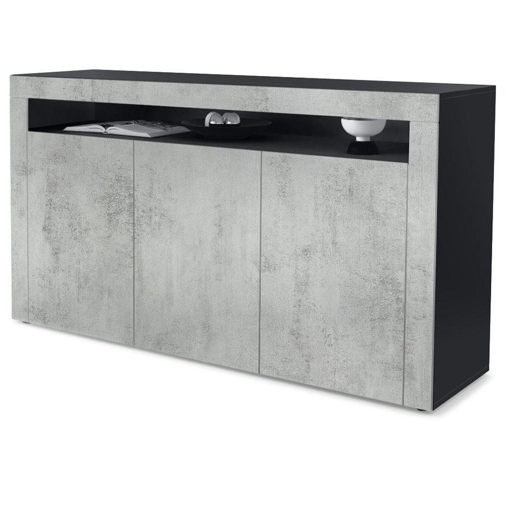 Vladon Sideboard Valencia (Sideboard, mit 3 Türen und 1 offenem Fach), Schwarz matt/Beton Oxid Optik/Beton Oxid Optik (155 x 92 x 40 cm)