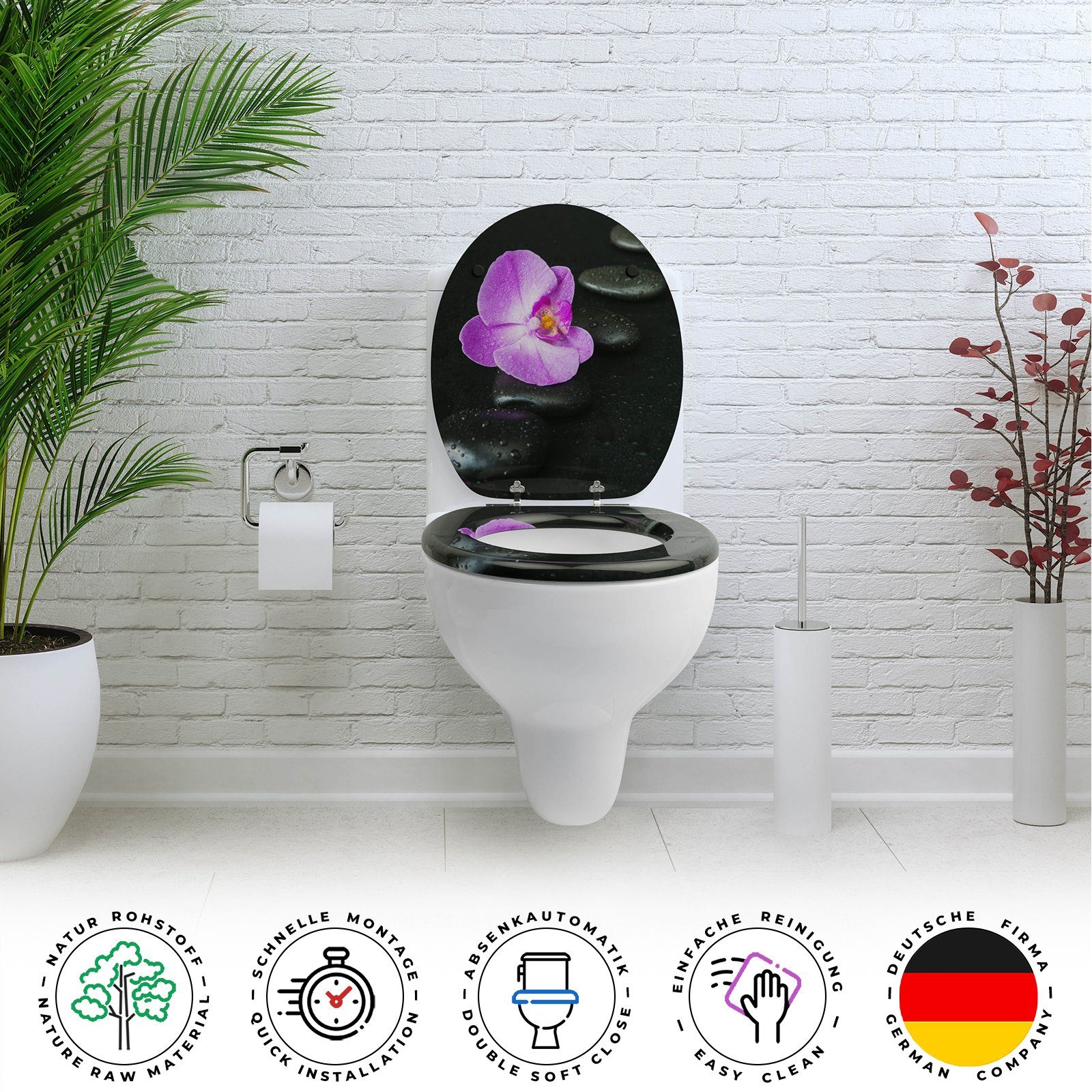 Sanfino WC-Sitz "Way of Orchid" Premium Toilettendeckel mit Absenkautomatik aus Holz, mit schönem Blumen-Motiv, hohem Sitzkomfort, einfache Montage – Bild 4 von 5