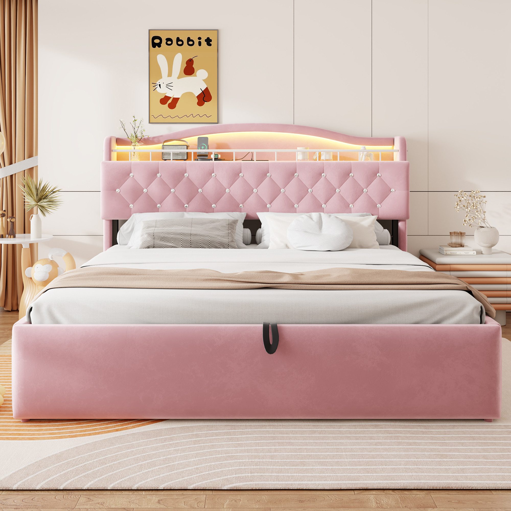 Merax Polsterbett mit LED-Kopfteilbeleuchtung und USB & USB-C Anschlüssen, Samtbezug (Multifunktionsbett, 1-tlg), Doppelbett 180x200cm mit hydraulischem Staurau – Bild 4 von 5
