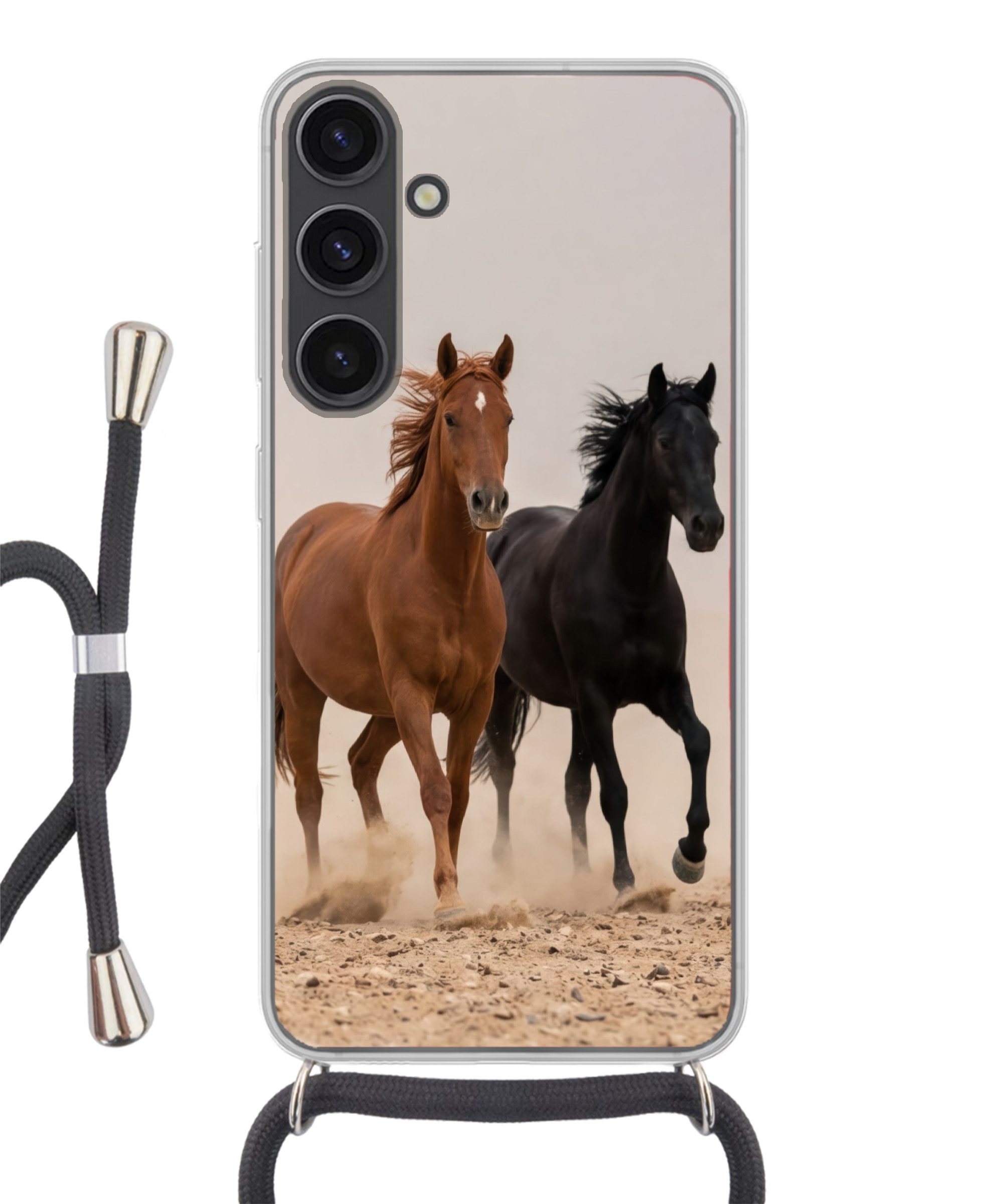MuchoWow Handyhülle für Samsung Galaxy S24 Plus Pferdeherde - Staubwolke - Braun - Schwarz, Tragbare Handyhüllen mit Kette zum umhängen, Handykette Handyband