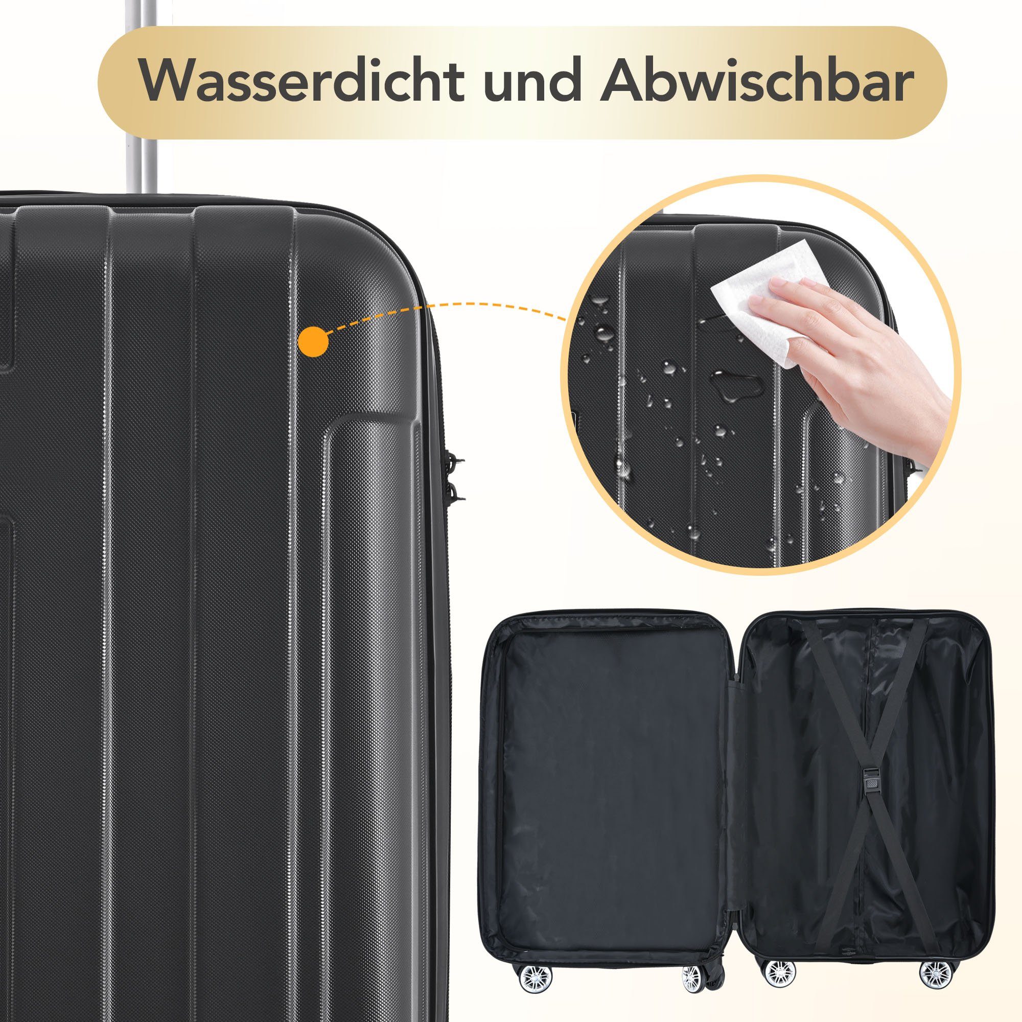 4 Koffer Universalrad, PHOEBE Rollen, Schwarz Hartschalen-Handgepäck, CAT Erweiterbar und Hartschalen-Trolley TSA-Schloss mit Seitengriff