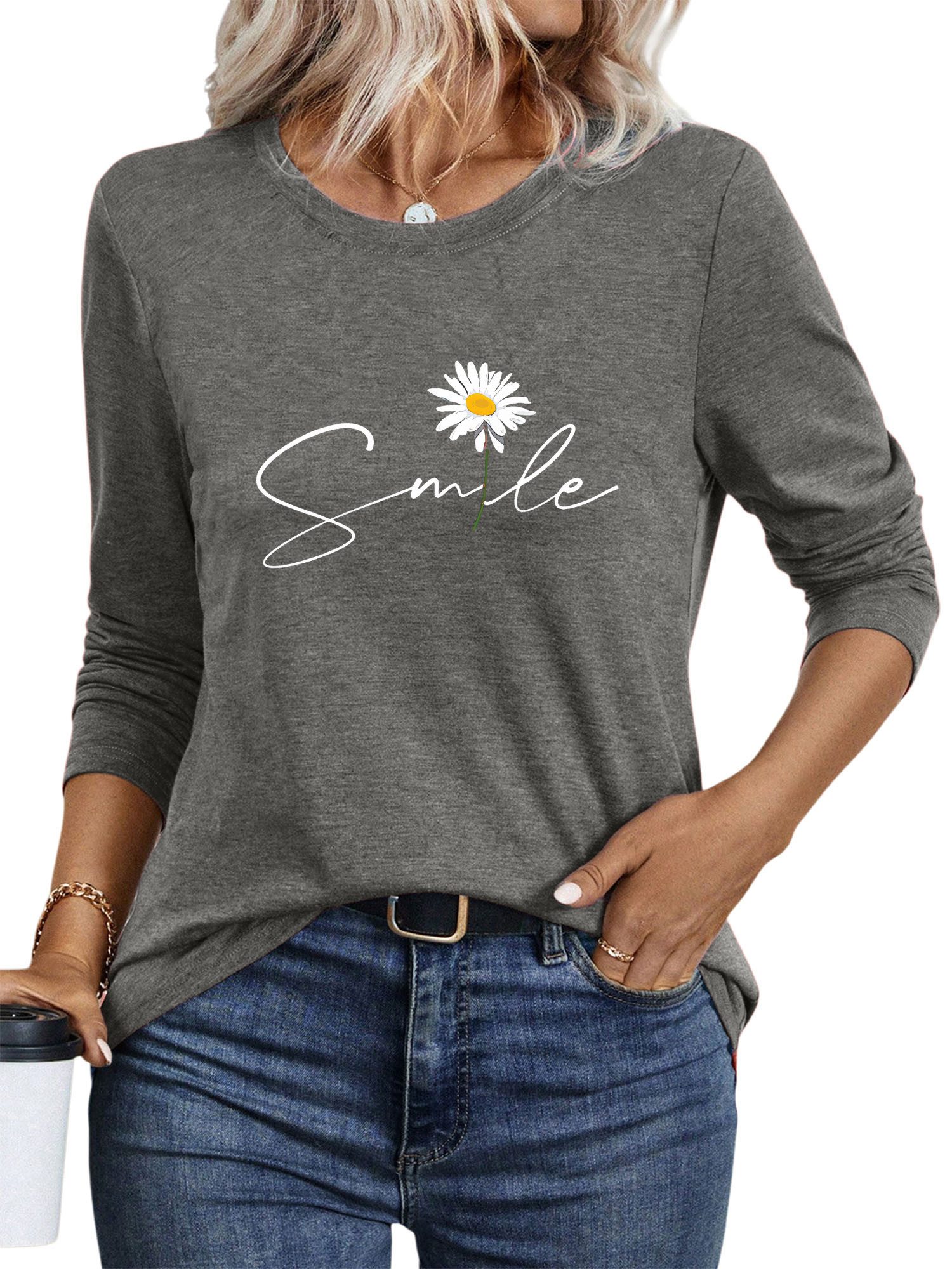 PYLIKE Rundhalsshirt Damen bequemes Langarmshirts Locker Gänseblümchen Prin günstig online kaufen