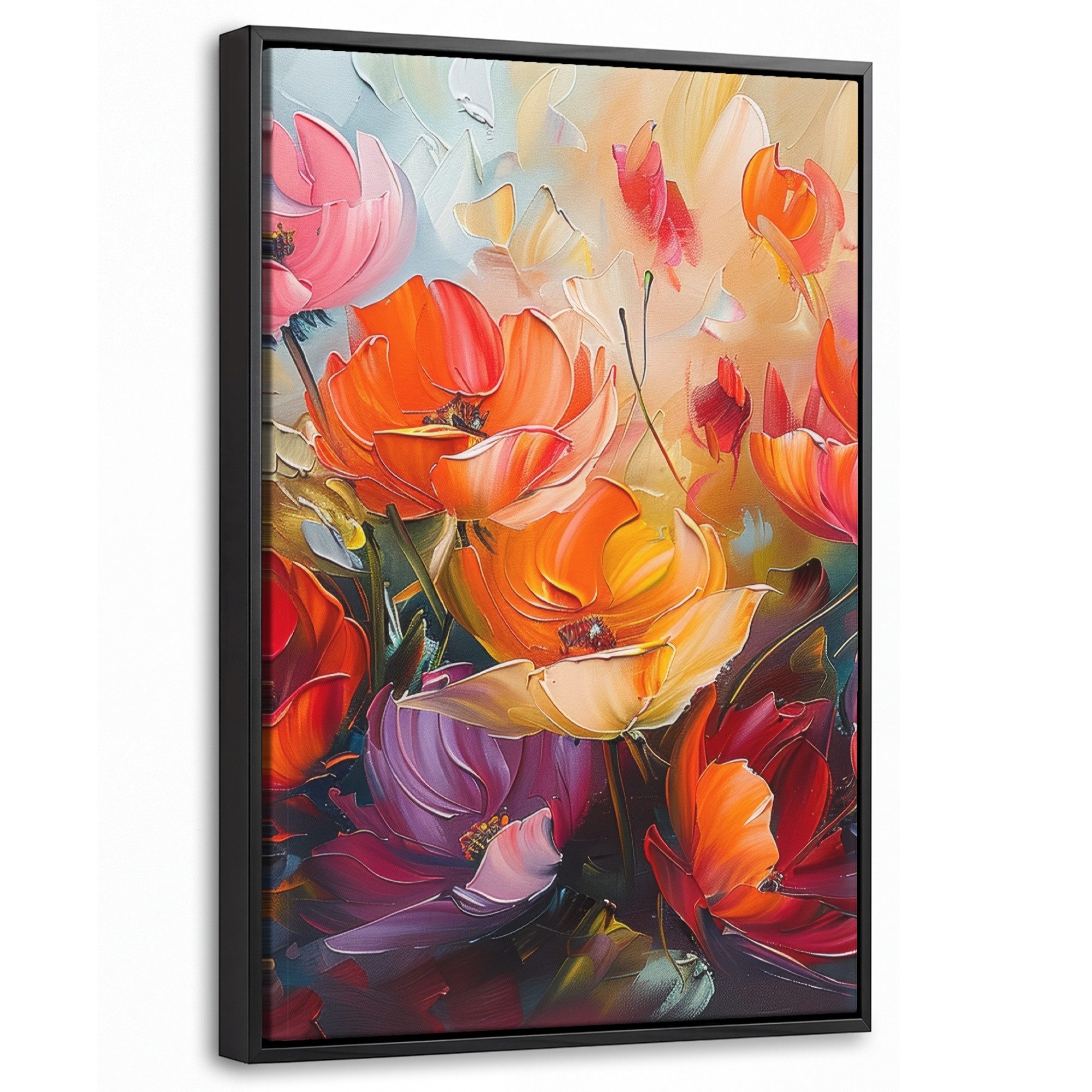 OneMillionCanvasses® Leinwandbild mit Rahmen - Blumen - Bunt - Malerei - Abstrakt - Kunst, Fotodruck (1 St), Deko für Wohnzimmer Schlafzimmer Küche 20x30cm