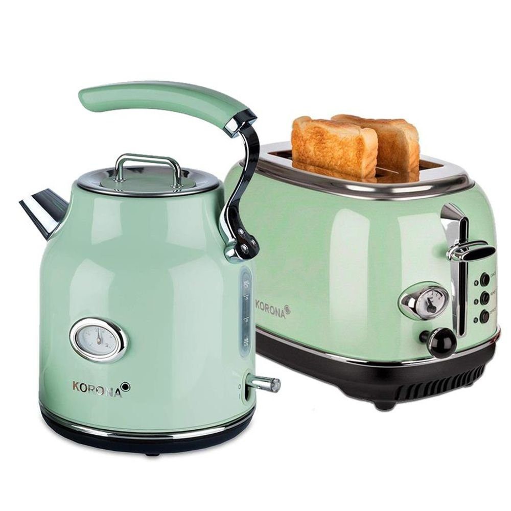 KORONA Toaster Retro Frühstückset Mint 2 Schlitz, Küchenset - 2 Scheiben Toaster inkl. Wasserkocher