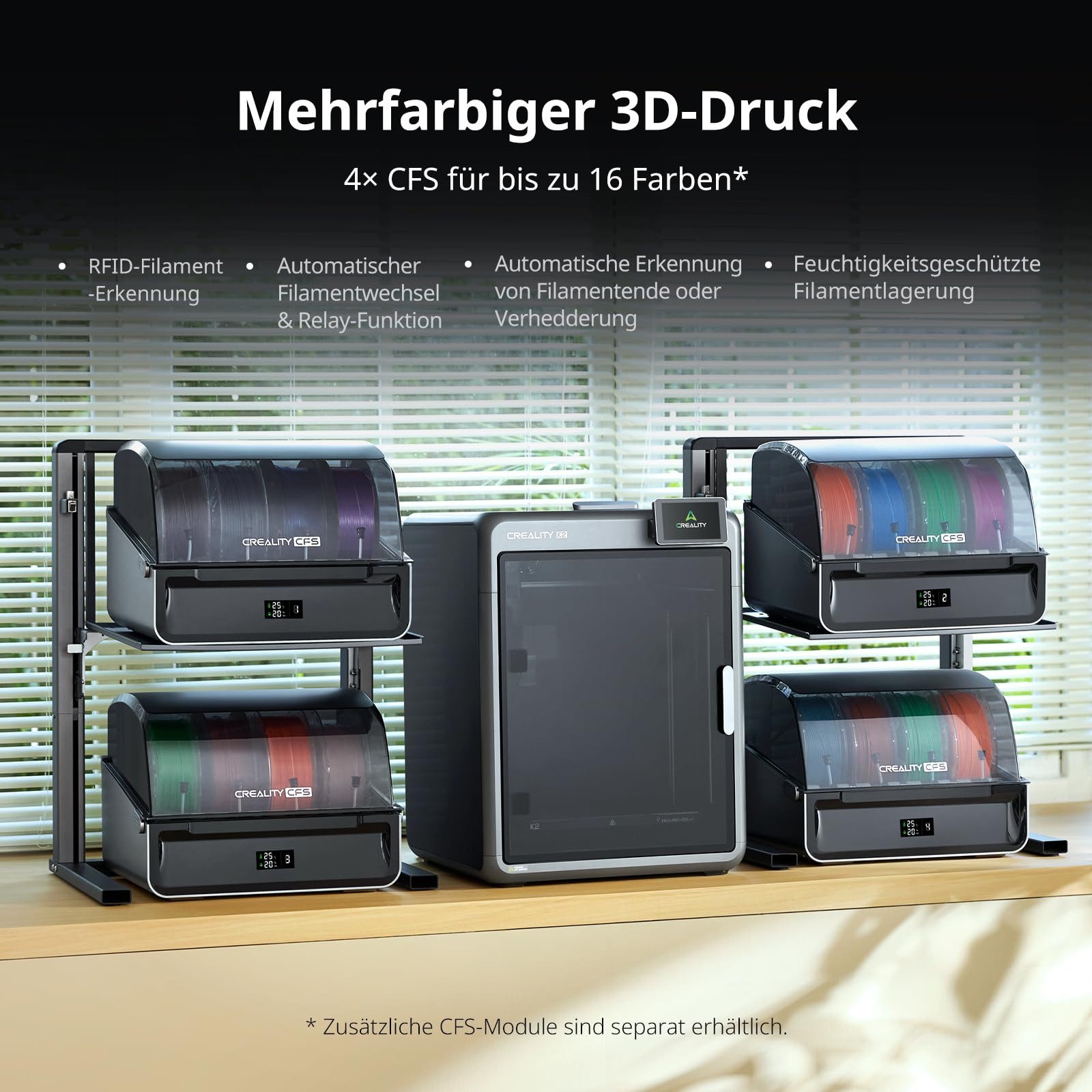 Creality 3D 3D-Drucker K2 Combo mehrfarbig 3D-Drucker mit CFS, 16-Farben-Druck, 600 mm/s, 45 dB, KI-Kamera, Carbonfaser-Kompatibel