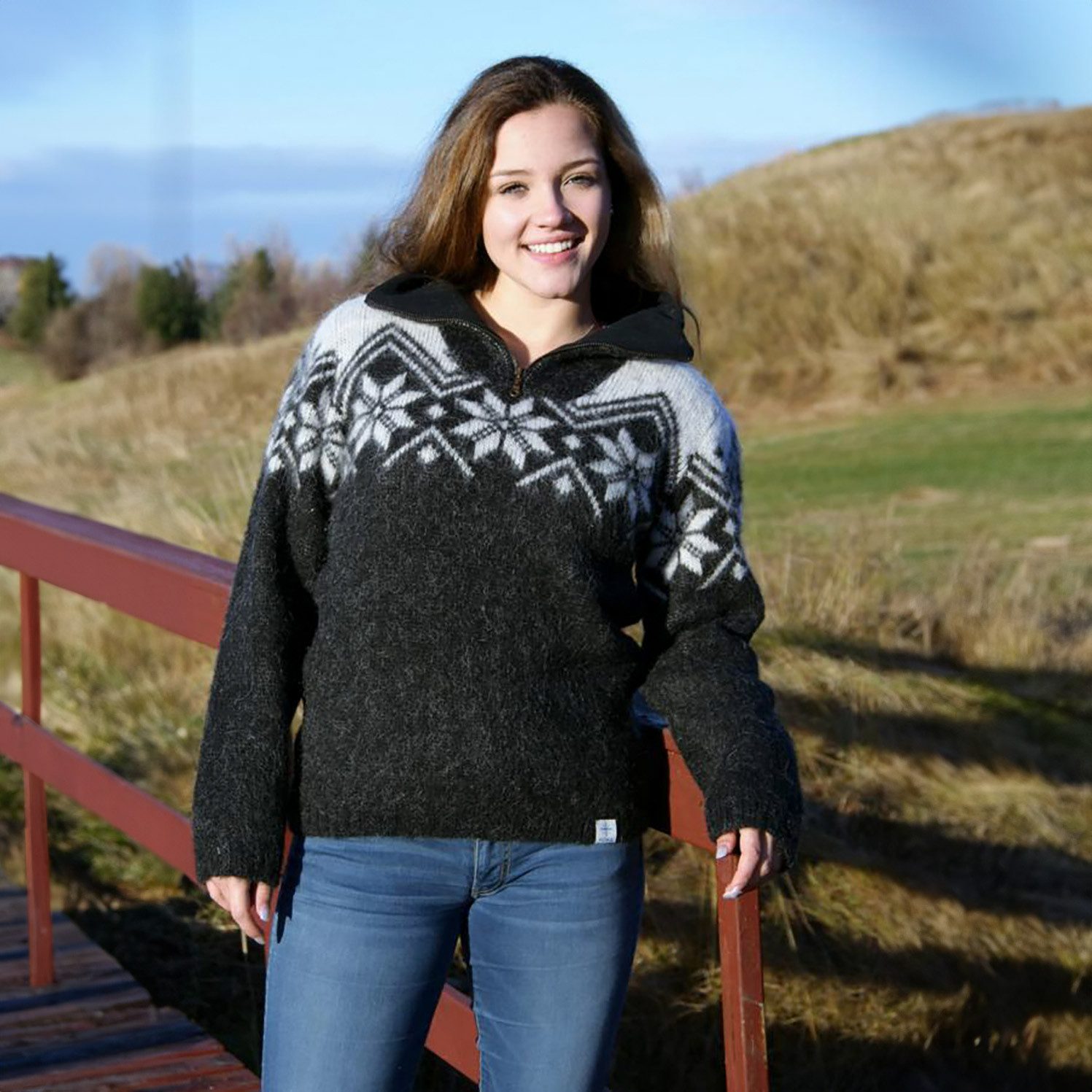 KIDKA Wollpullover - Norweger Woll-Troyer für Damen / Herren - Farbe schwarz kombi - aus rauer isländischer Wolle