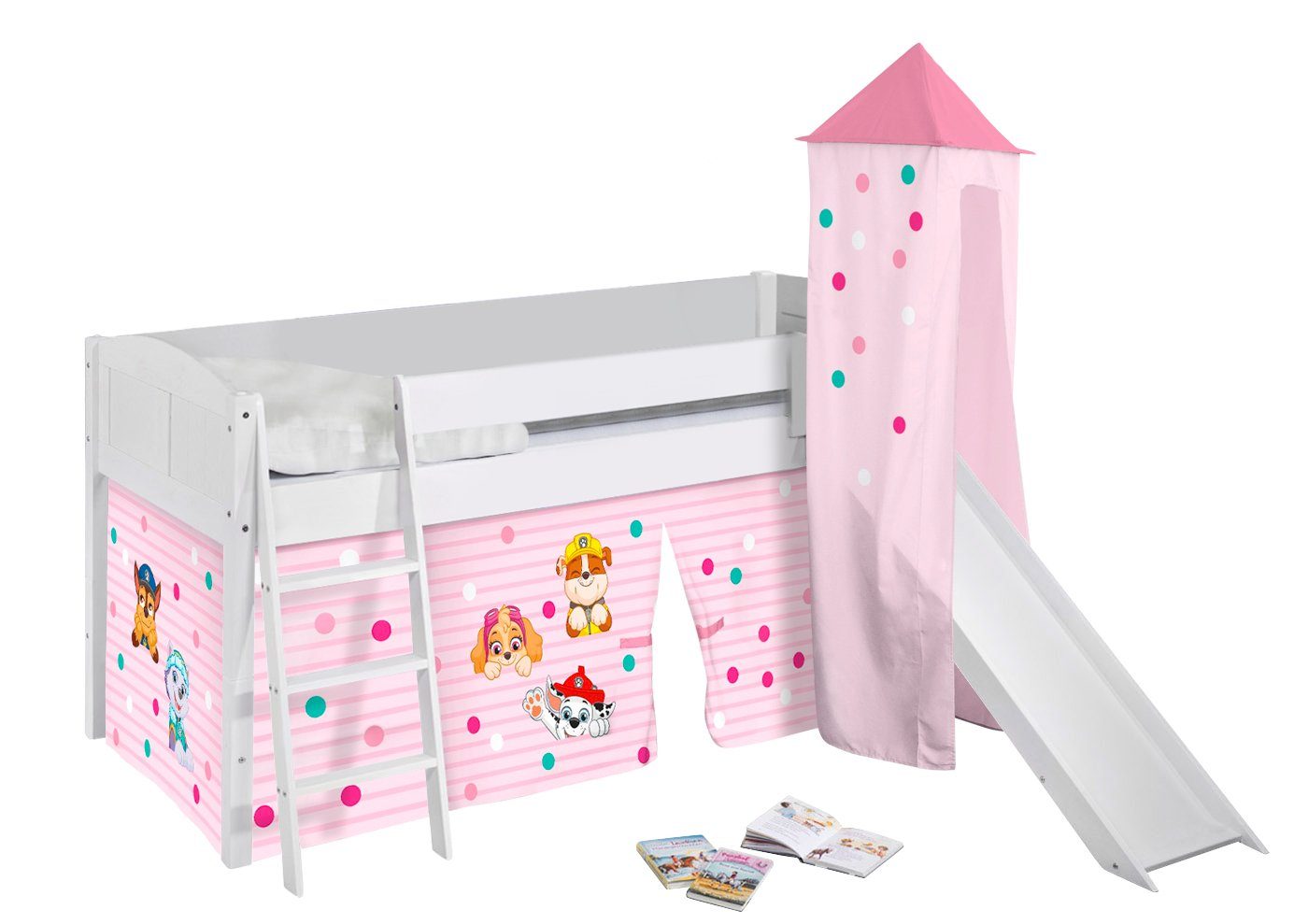 Lilokids Kinderbett Hochbett IDA Landhaus mit Rutsche, Vorhang & Turm PAW PATROL 200x90cm