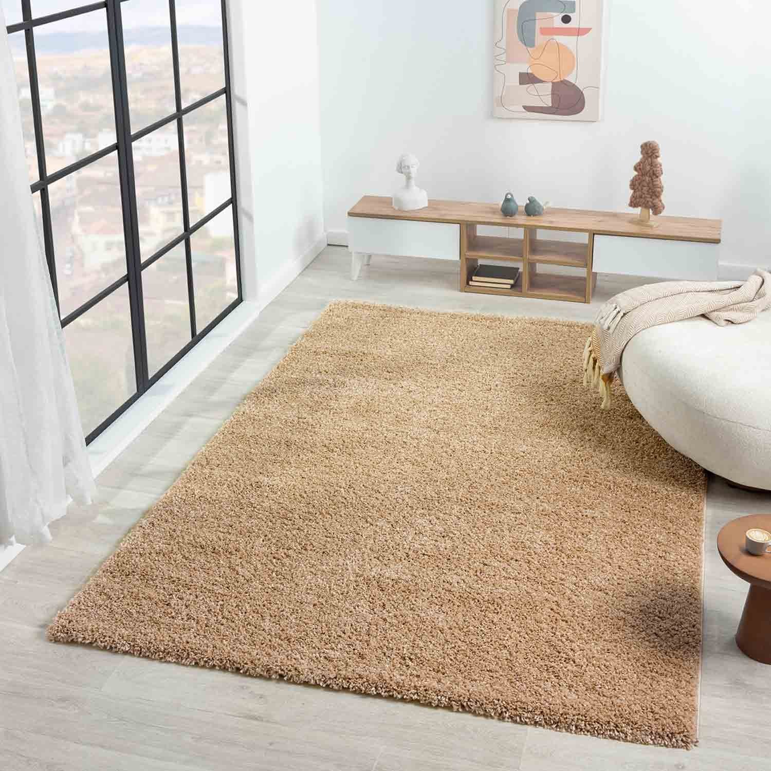 Vimoda Hochflor-Teppich Shaggy Beige, Rund, Höhe: 30 mm, Läufer Langflor Wohnzimmer Einfarbig Modern