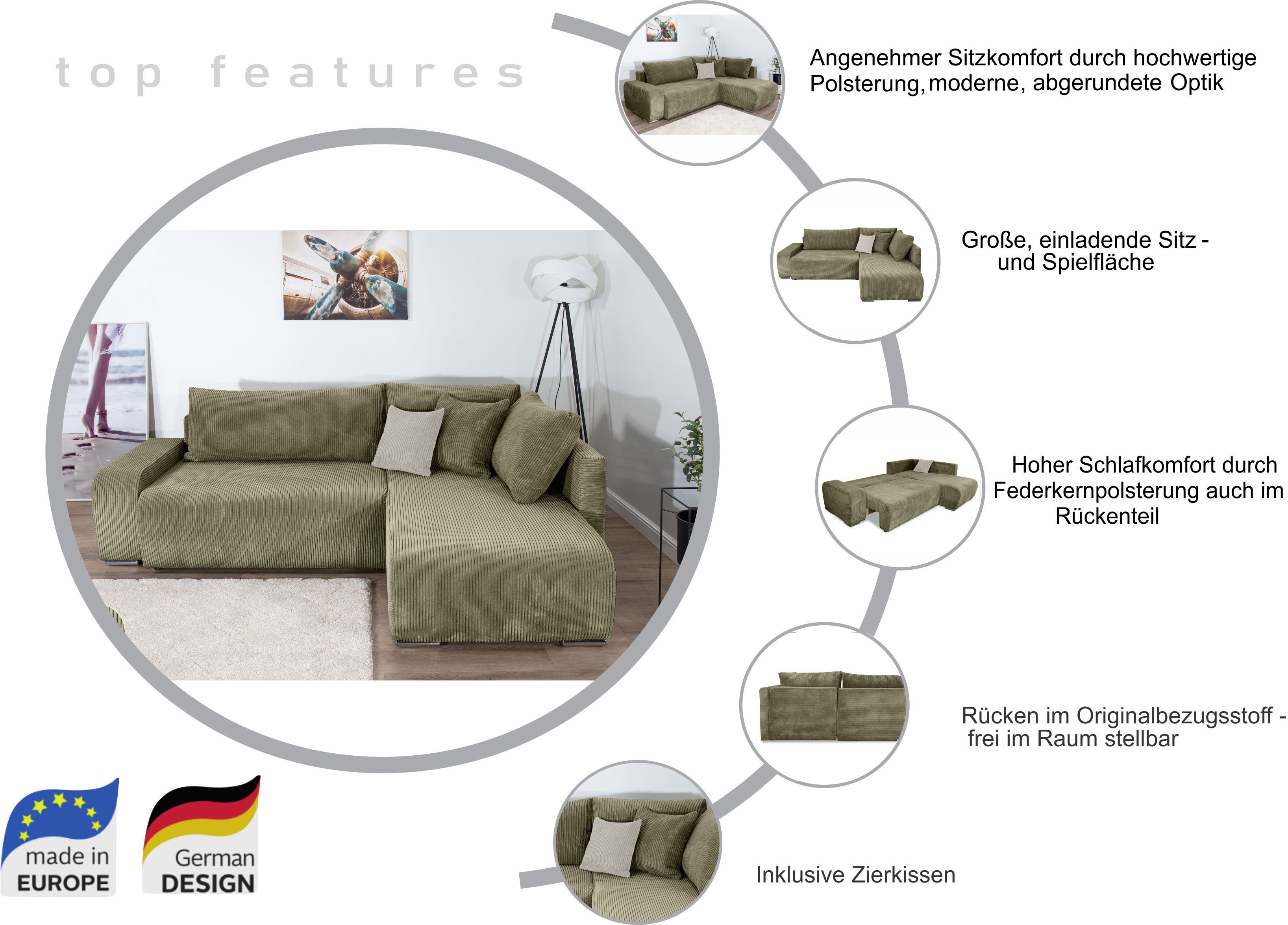 COLLECTION AB Ecksofa Poppy L-Form, B: 227 cm, Bettfunktion, Bettkasten & 1 Zierkissen