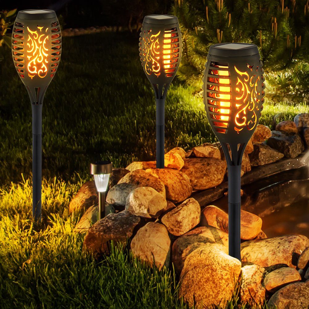 Außen Garten Lampen LED Steck Set verbaut, Stanzung etc-shop Warmweiß, Solar Dekor LED-Leuchtmittel 2er Feuereffekt LED Solarleuchte, fest