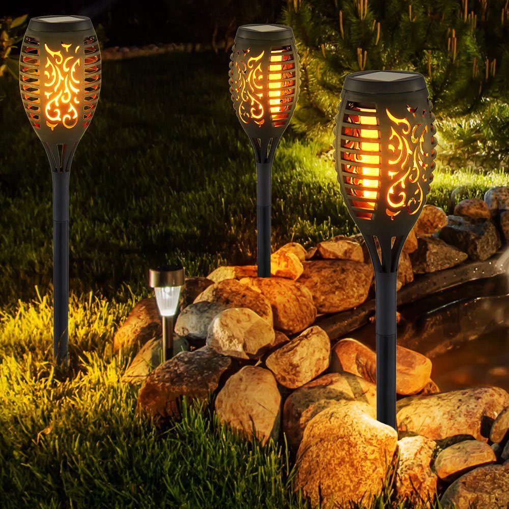 GLOBO LIGHTING LED Solarleuchte, LED-Leuchtmittel fest verbaut, Warmweiß, 3er Set LED Solar Außen Steck Lampen Feuereffekt Dekor Stanzung Garten