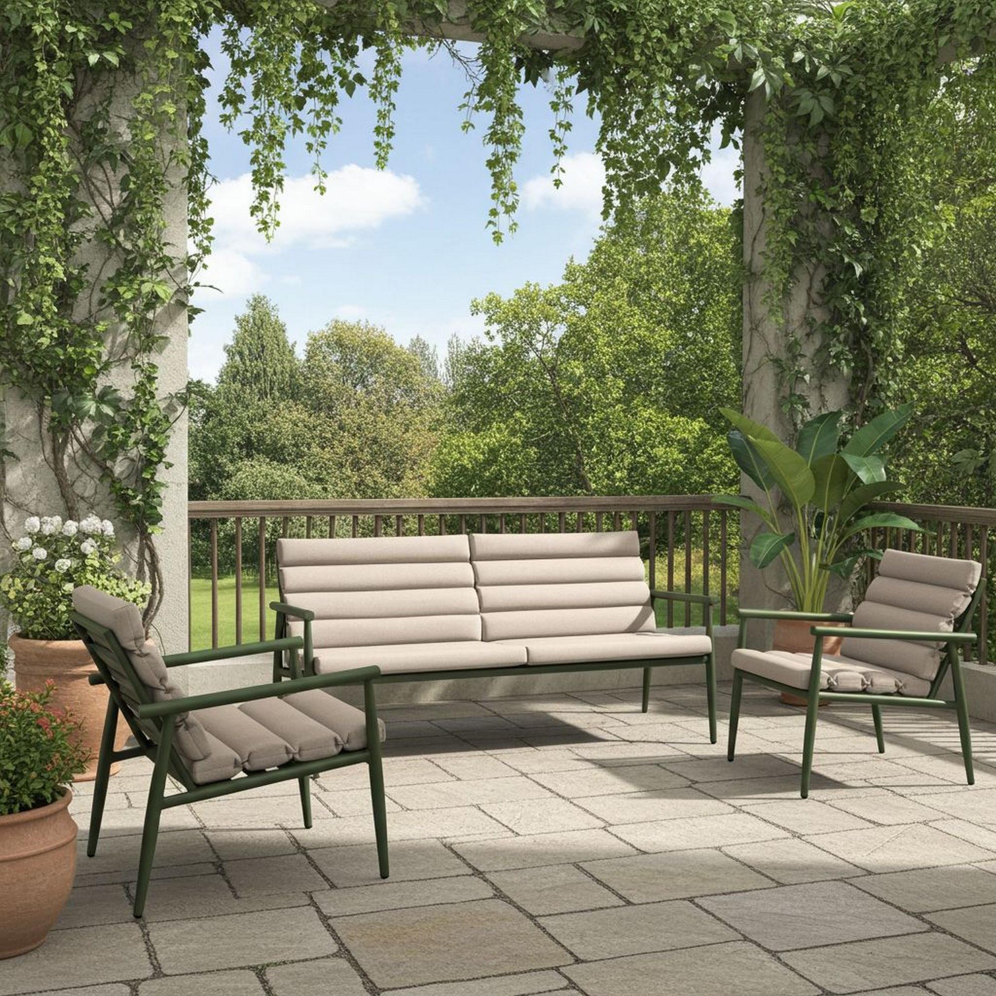 Lesli Living Gartenlounge-Set Lesli Living Lounge-Set "Harper Olive" olivgrün/beige