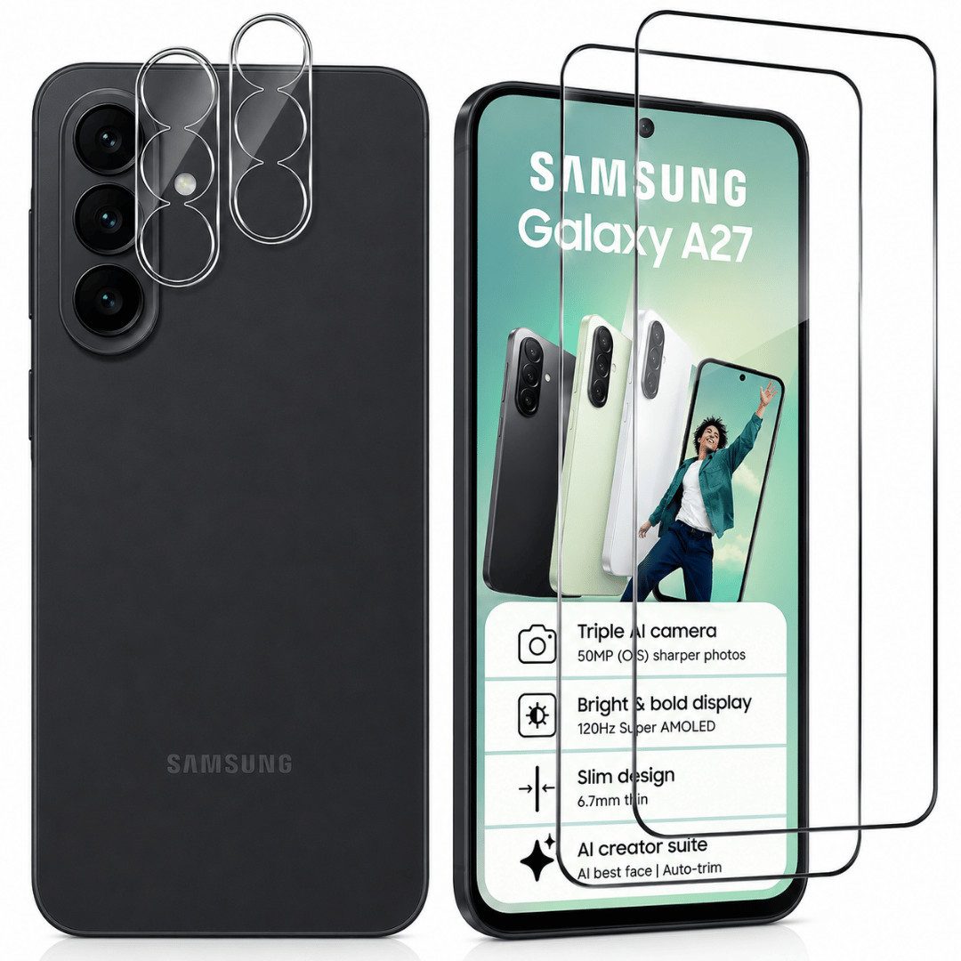 SmartUP Displayschutzglas 2X Schutzglas für Samsung Galaxy A27 5G Display Kamera Panzerfolie 9H für Samsung Galaxy A27 5G, 4 Stück, Rundumschutz, passgenaue Verarbeitung