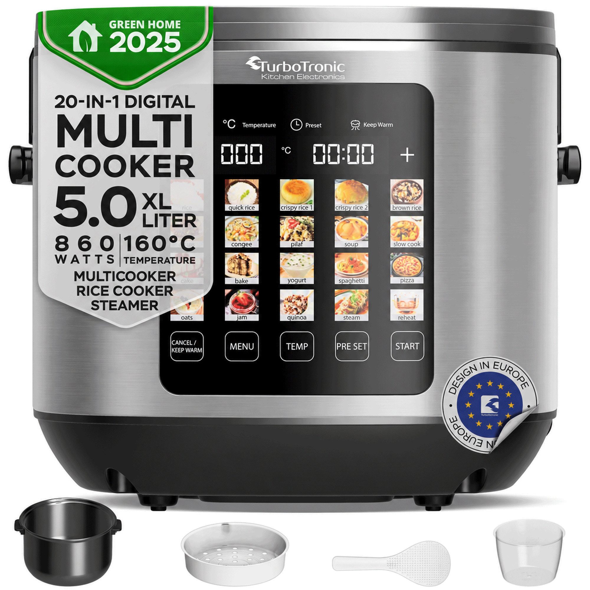 TurboTronic by Z-Line Multikocher elektrischer Dampf- und Schongarer Reiskocher Slow Cooker Silber, 860 W, 5 l Schüssel, 20in1 Schnellkochtopf perfekter Reis 5l Topf Keramikbeschichtung