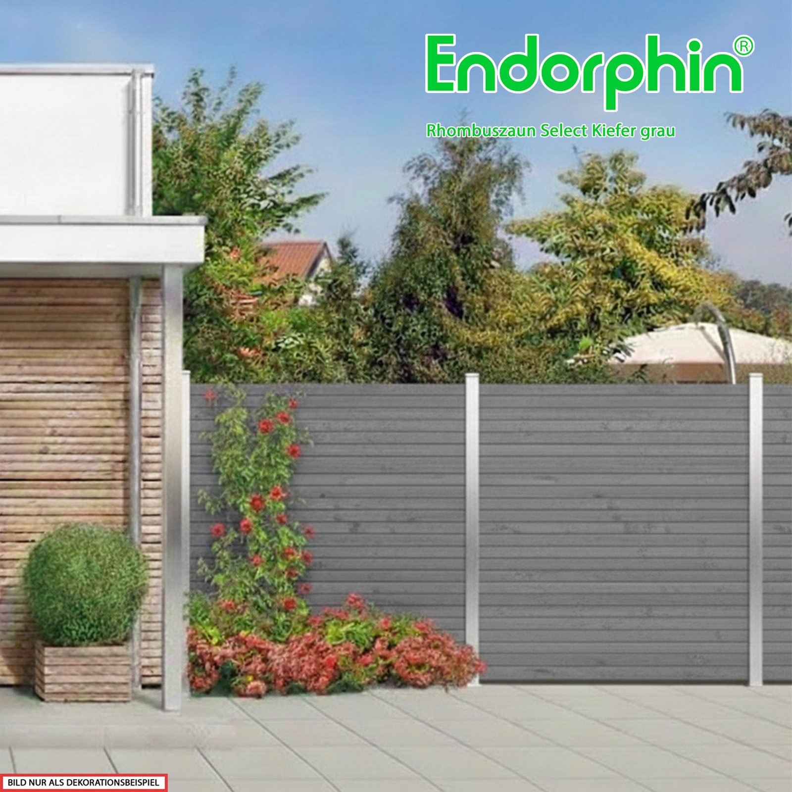 Endorphin Gartenzaun Rhombuszaun Kiefer grau 3 Element 180x180cm 4 silberne Pfosten 7x7x235, (Komplett-Set / Bausatz, Stecksystem mit Nutpfosten, kesseldruckimprägniert)
