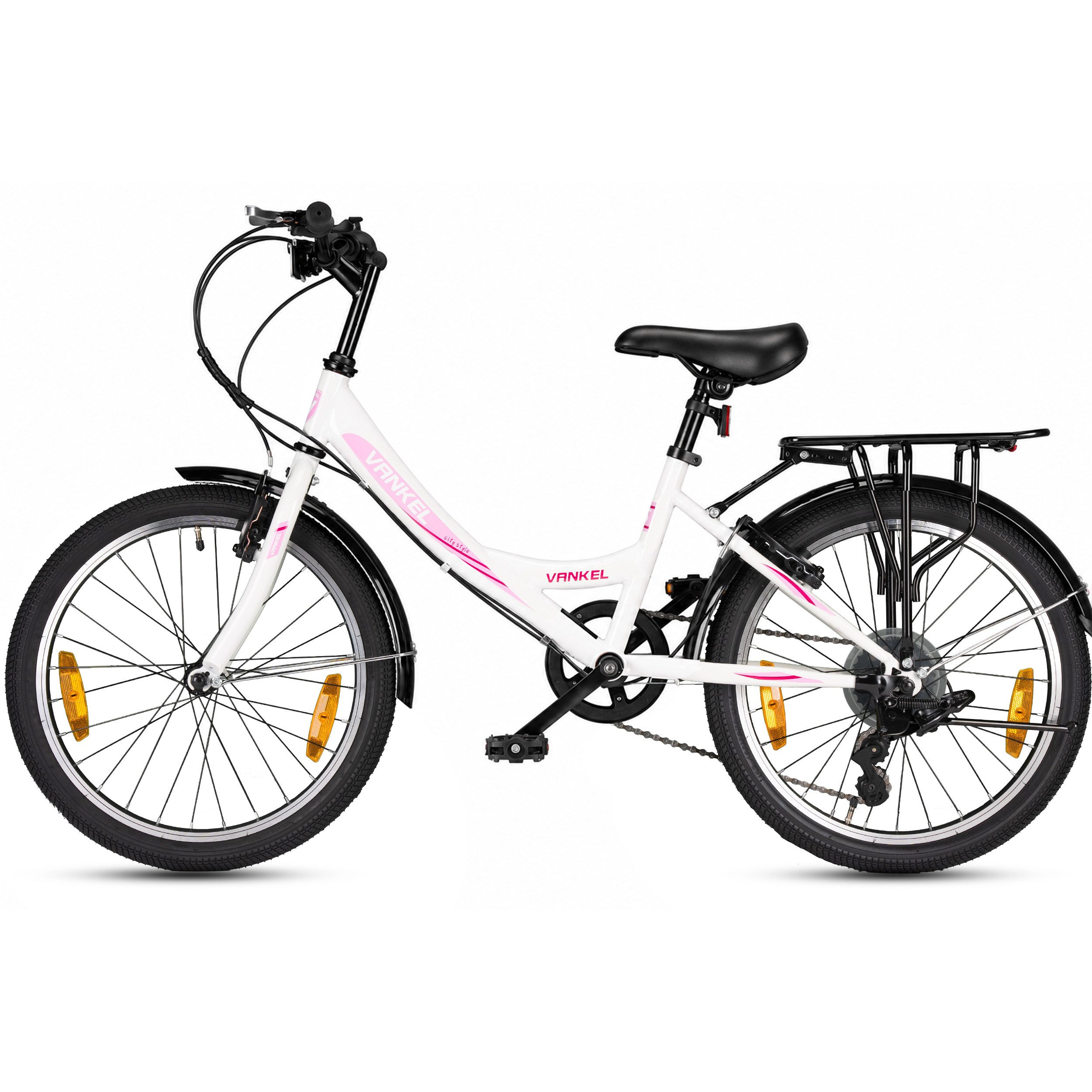 Vankel Kinderfahrrad 20 Zoll, Kinderrad, MTB, mit Gepäckträger und V-Brakes, 7 Gang, Kettenschaltung, Robustes Design, ab 6 Jahren, Alltag, Ausflug, Reflektoren