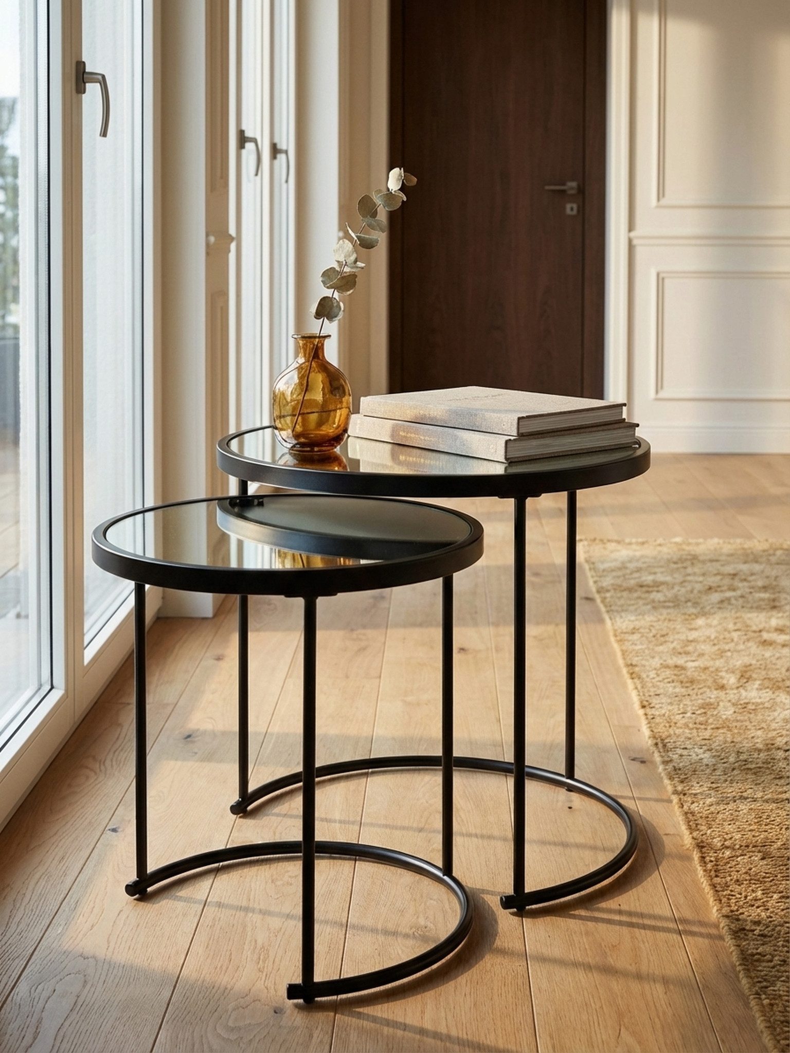 KADIMA DESIGN Satztisch Design Beistelltisch Rund Ø 50/42 cm - 2 teilig Schwarz mit Spiegel, Glas, Wohnzimmertisch 2er Set, Satztisch verspiegelt, Couchtisch