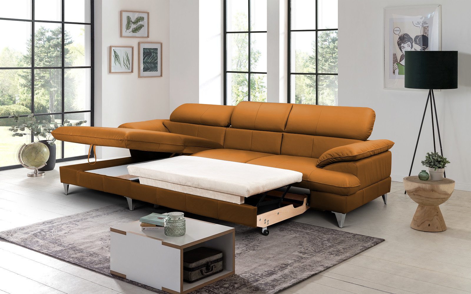 COTTA Ecksofa David Echtleder, Echtleder mit Schlaffunktion & Bettkasten, Eckcouch