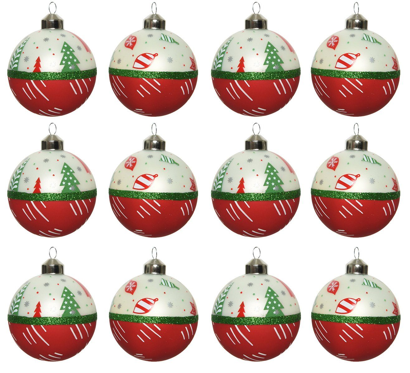 Weihnachtsbaumkugel, Weihnachtskugeln weiß / 12er / rot grün Set Decoris Muster season Motiv / decorations Glas 8cm