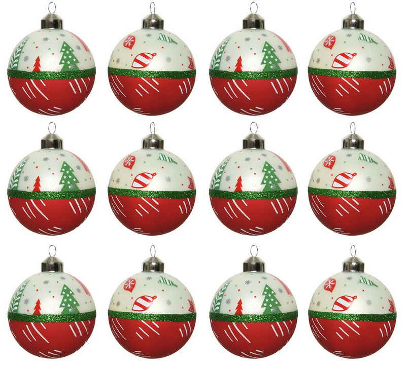 Decoris season decorations Christbaumschmuck, Weihnachtskugeln Glas 8cm Motiv / Muster 12er Set rot / weiß / grün