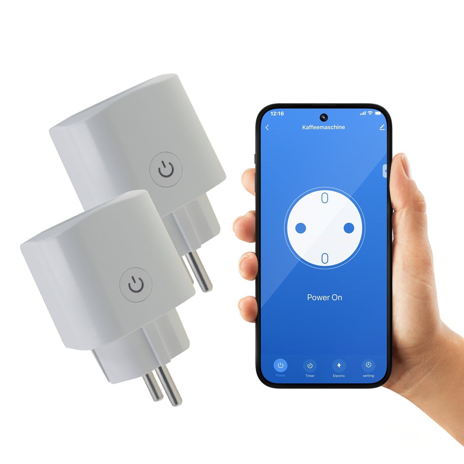 XCOAST WLAN-Steckdose 2er PACK SMARTE WiFi STECKDOSE, Stromverbrauchmessung, Timer, 16A, 3.680W, 2-St., kein HUB erforderlich, Sprachsteuerung, nur über 2,4GHz WLAN, 2er Pack