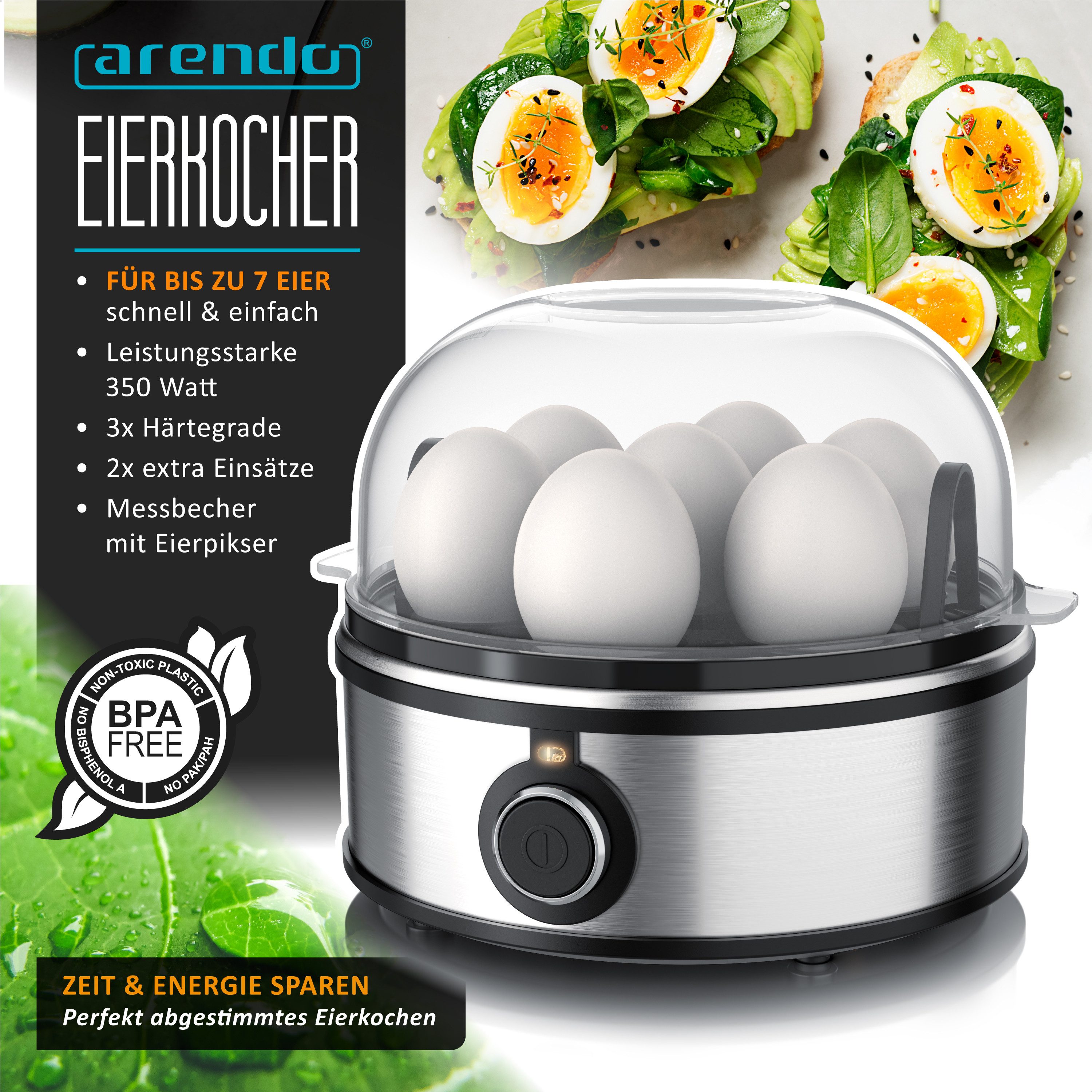 Arendo Eierkocher für 1–7 Eier, Edelstahl, 3 Härtegrade, mit Warmhaltefunktion, 7-Fach, Anzahl Eier: 7 St., 350 W, mit Einsatz für Eier, pochierte Eier & Omelette, Signalton, Egg Cooker