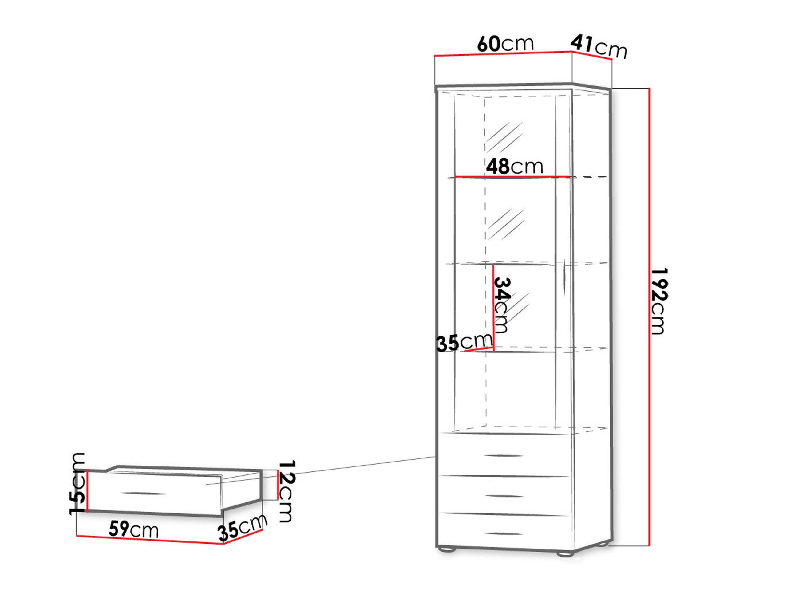 MIRJAN24 Vitrine Soho S01 (mit Drehtür und drei Schubladen) 60x41x192 cm, Beleuchtung als Option