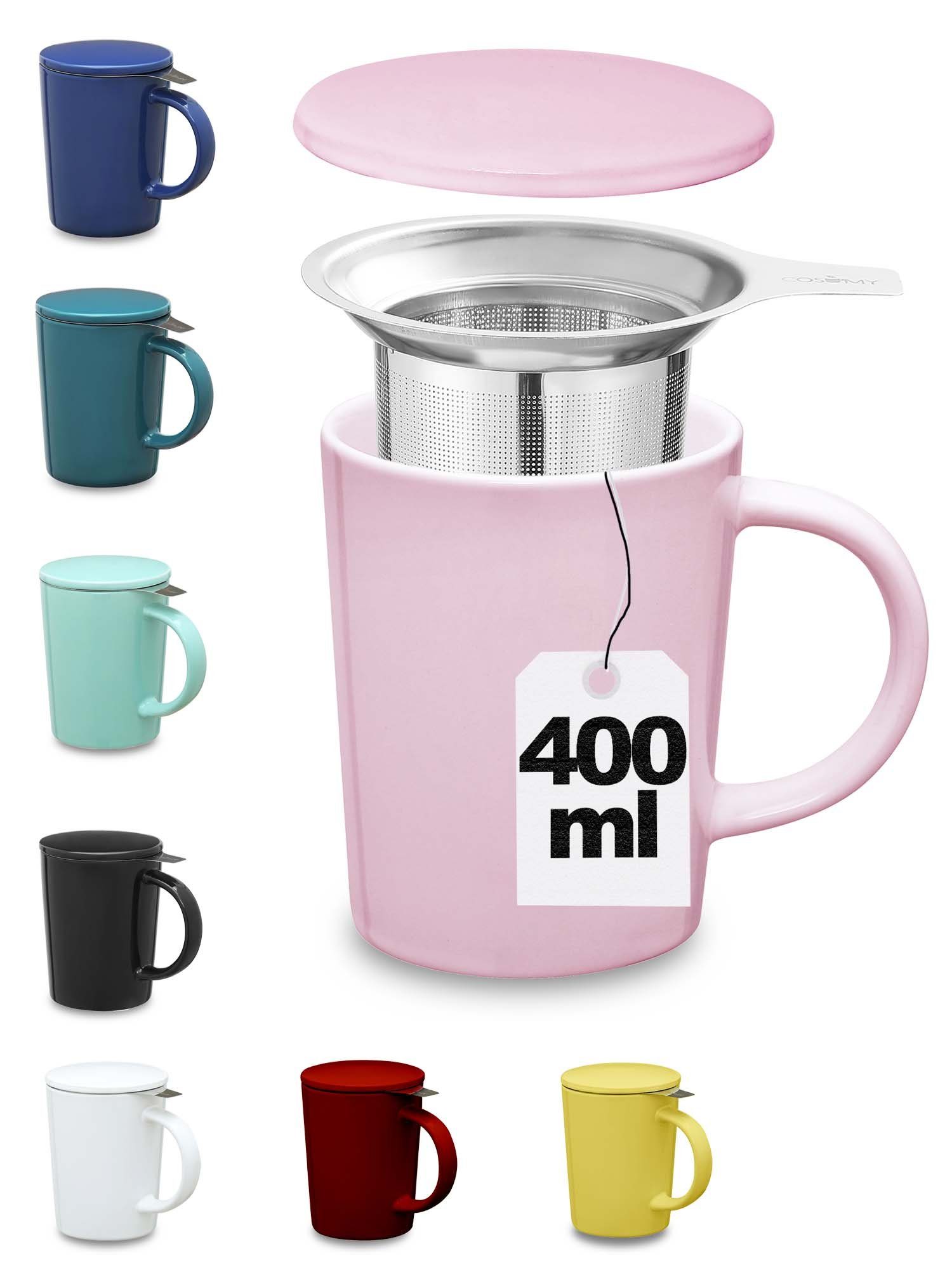 Cosumy Teeglas Teetasse mit Sieb und Deckel Rosa 400ml, Keramik, Hält Lange  warm - 400ml Groß - Spülmaschinenfest